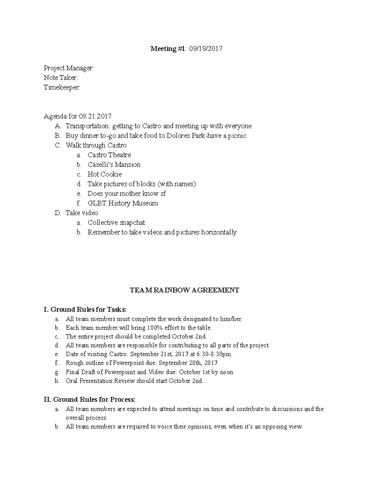 BUS100-03 Project 1 Team Contract - Meeting #1 : 09/18/ Project Manager ...