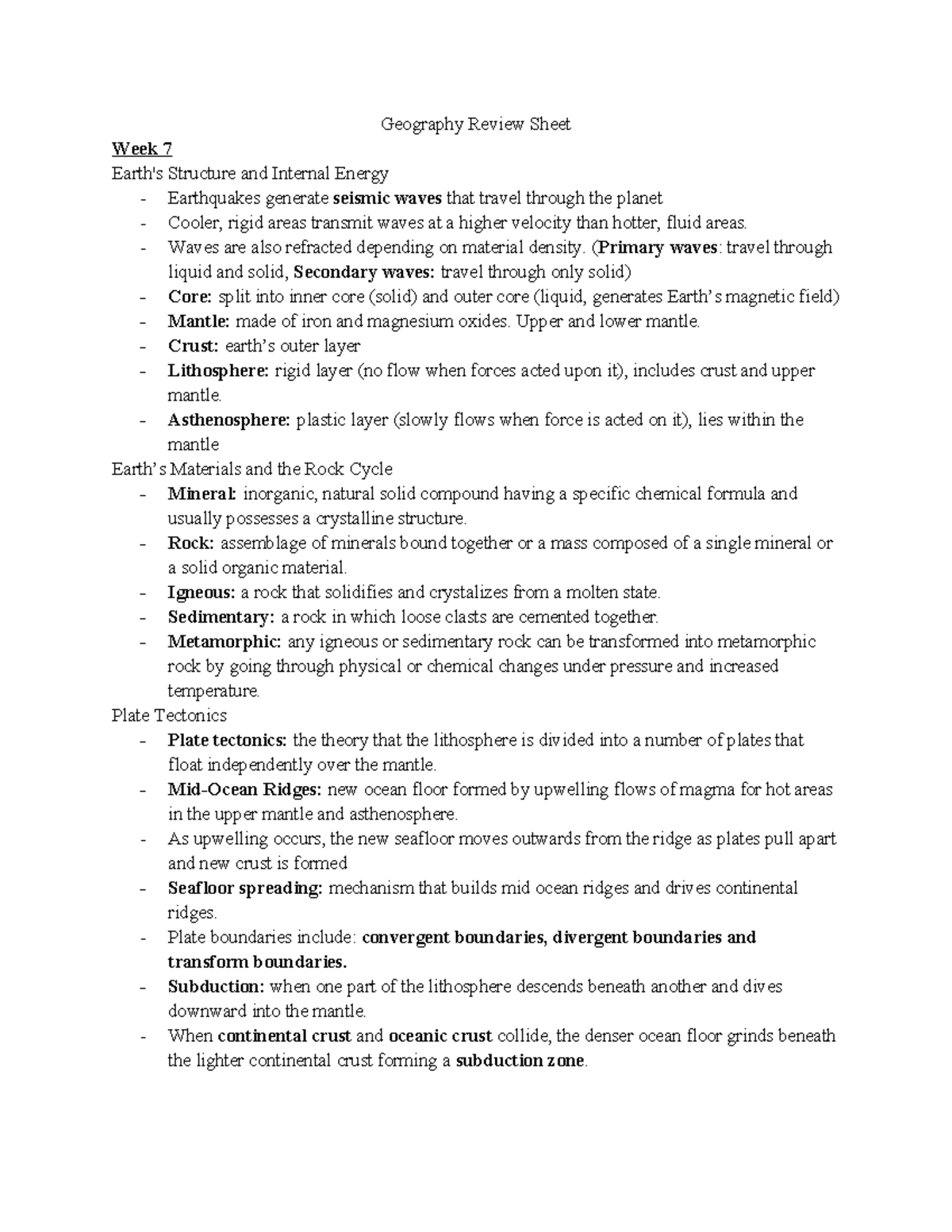Geography Review Sheet Geography Review Sheet Week 7 Earth's