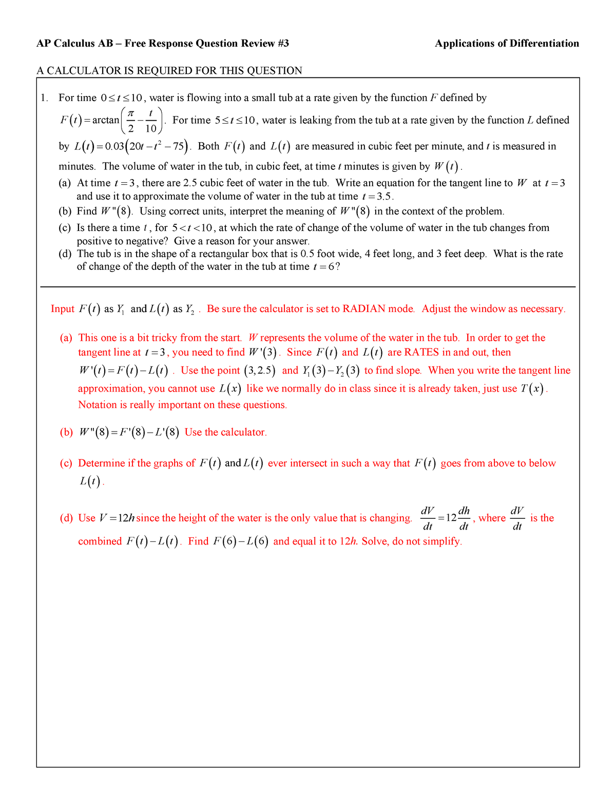 FRQ Review 3 w Teacher Notes AP Calculus AB Free Response Question