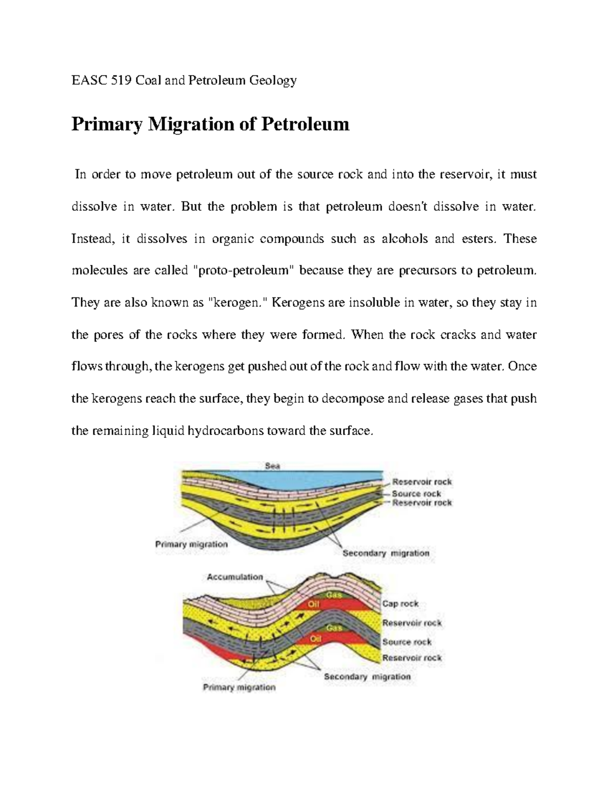 Primary Migration of Petroleum EASC 519 Coal and Petroleum Geology