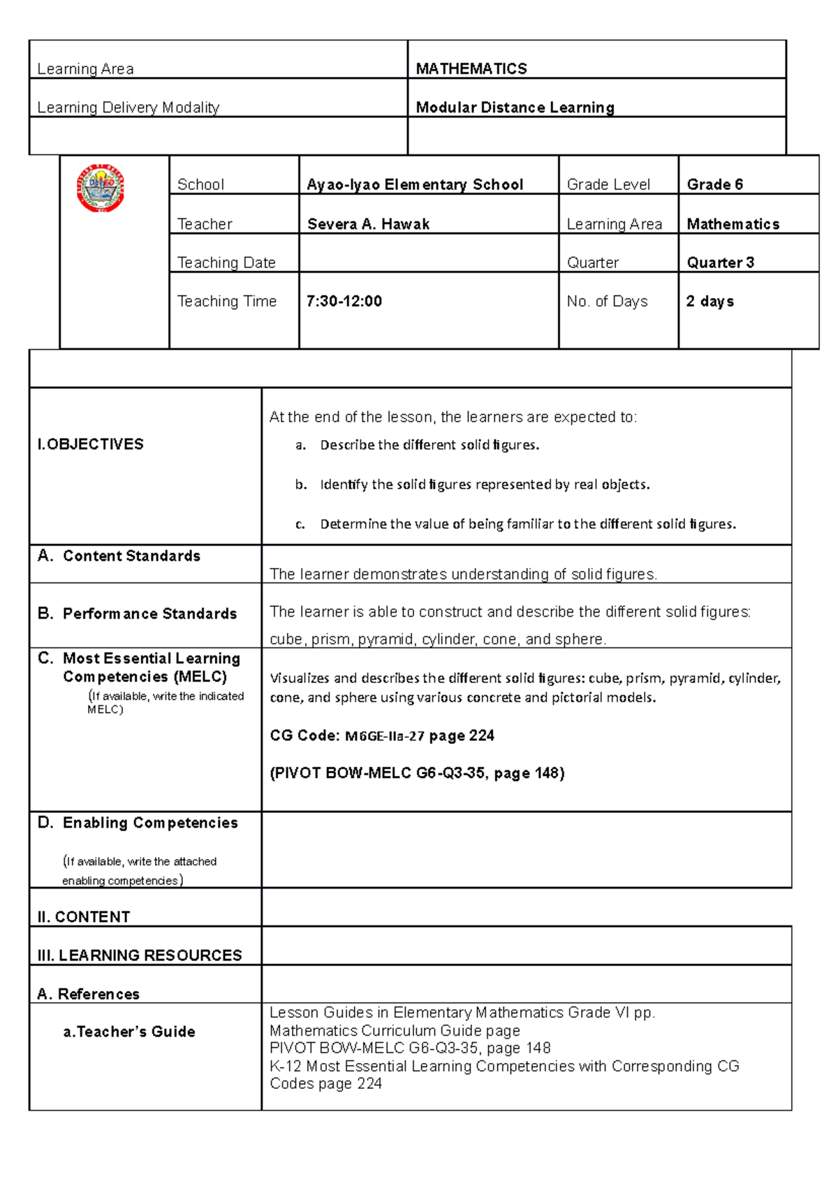 COT-MATH 6 Exemplar - Lesson plan - Learning Area MATHEMATICS Learning ...