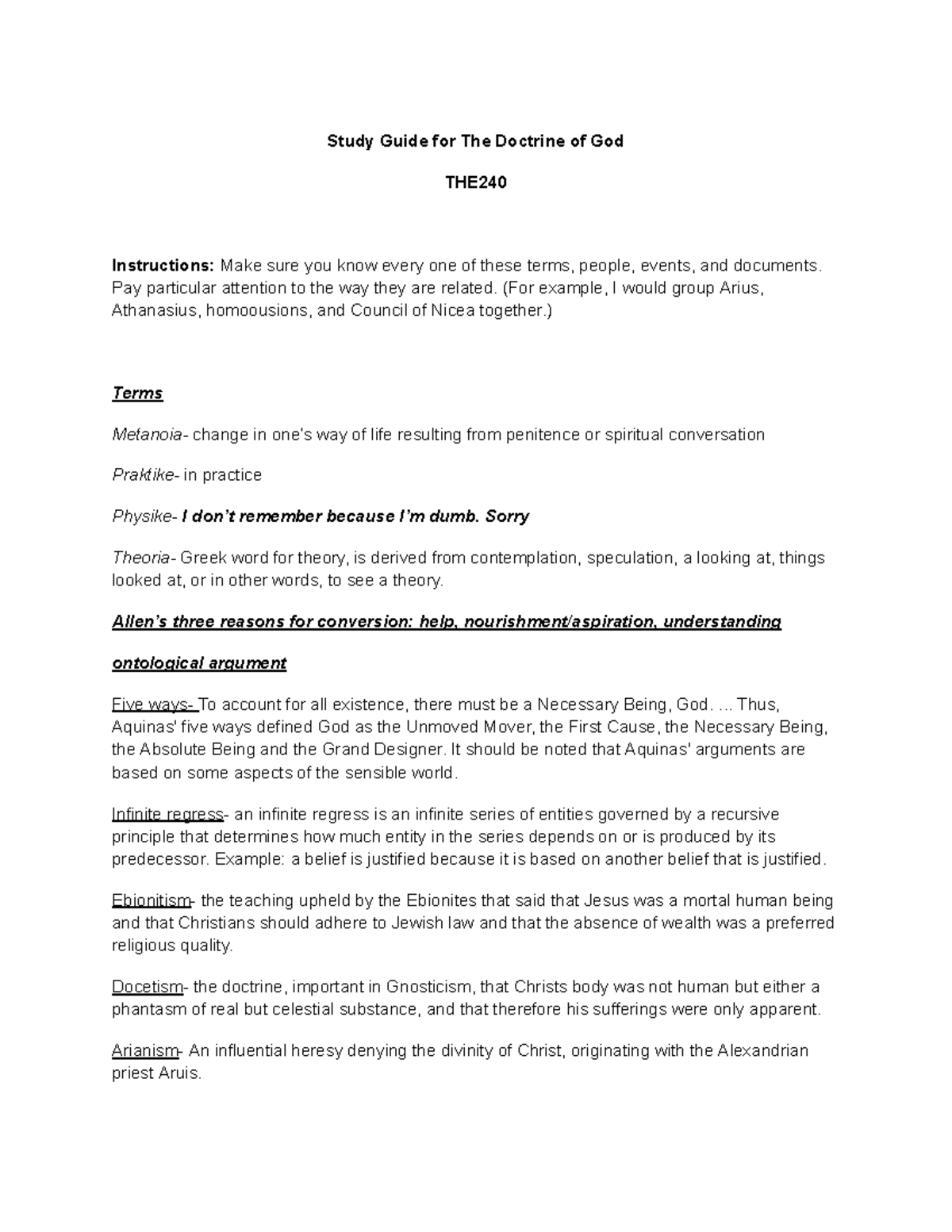 Study Guide for The Doctrine of God - Study Guide for The Doctrine of ...