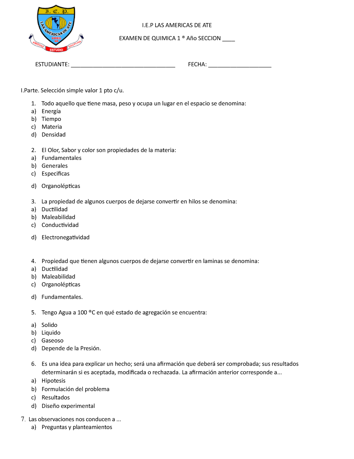 Examen de quimica 1er año - I.E LAS AMERICAS DE ATE EXAMEN DE QUIMICA 1 ...