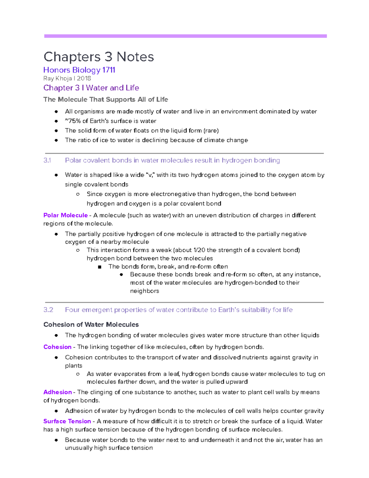 Chapter 3 Water and Life Chapters 3 Notes Honors Biology 1711 Ray