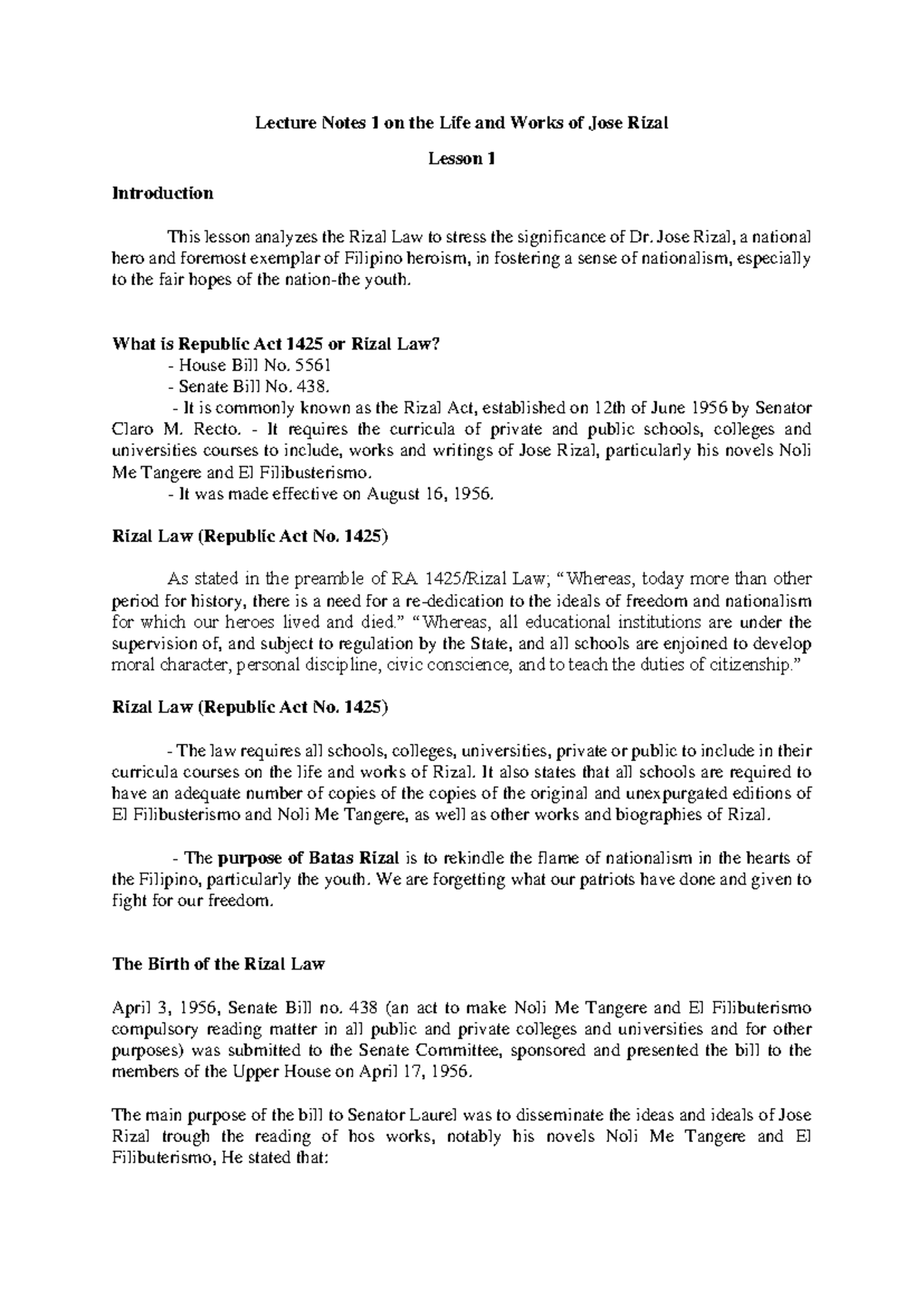 LN 1 On the Rizal Law and National Hero - Lecture Notes 1 on the Life ...