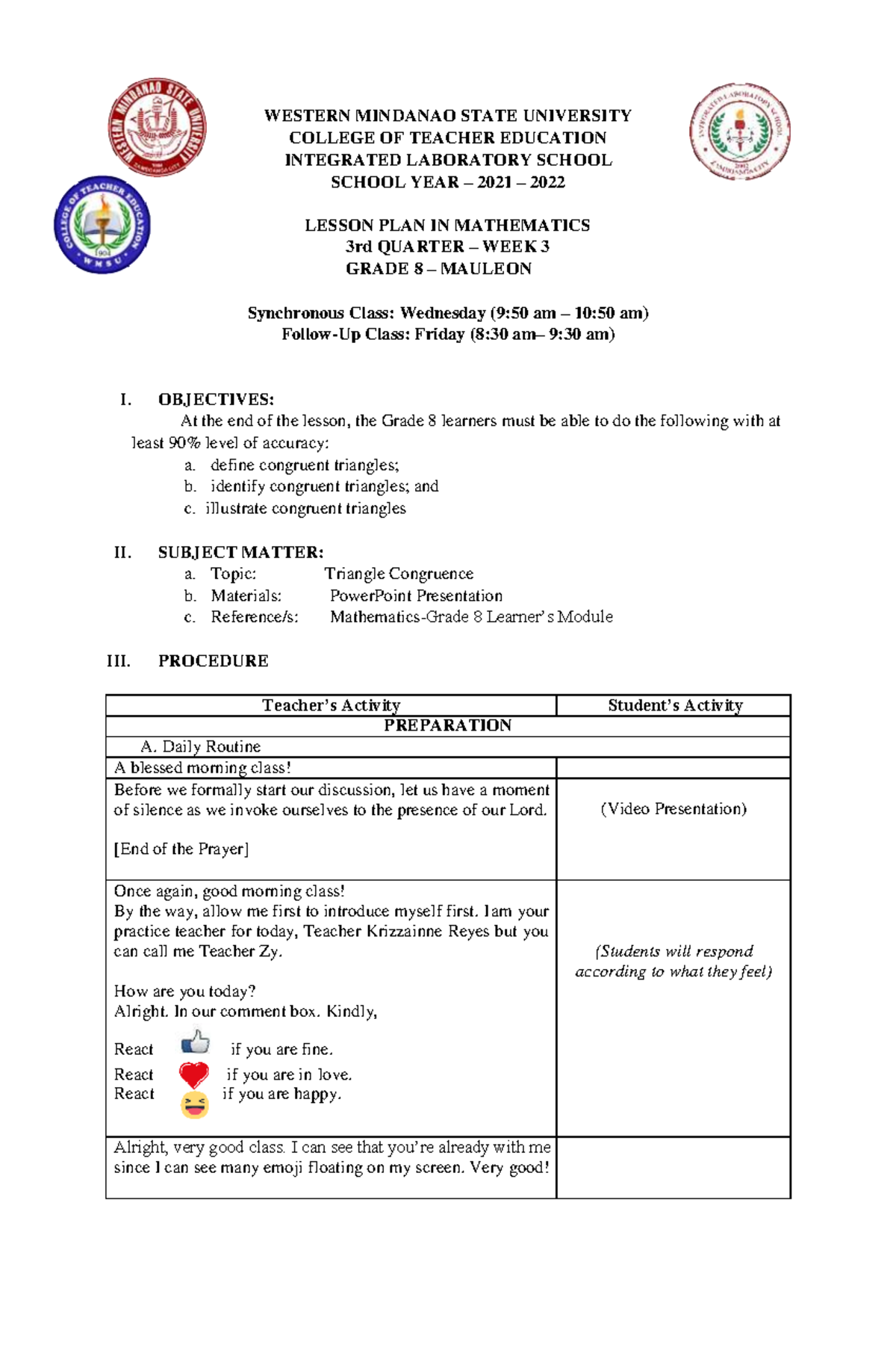 G8 Triangle Congruence - WESTERN MINDANAO STATE UNIVERSITY COLLEGE OF ...