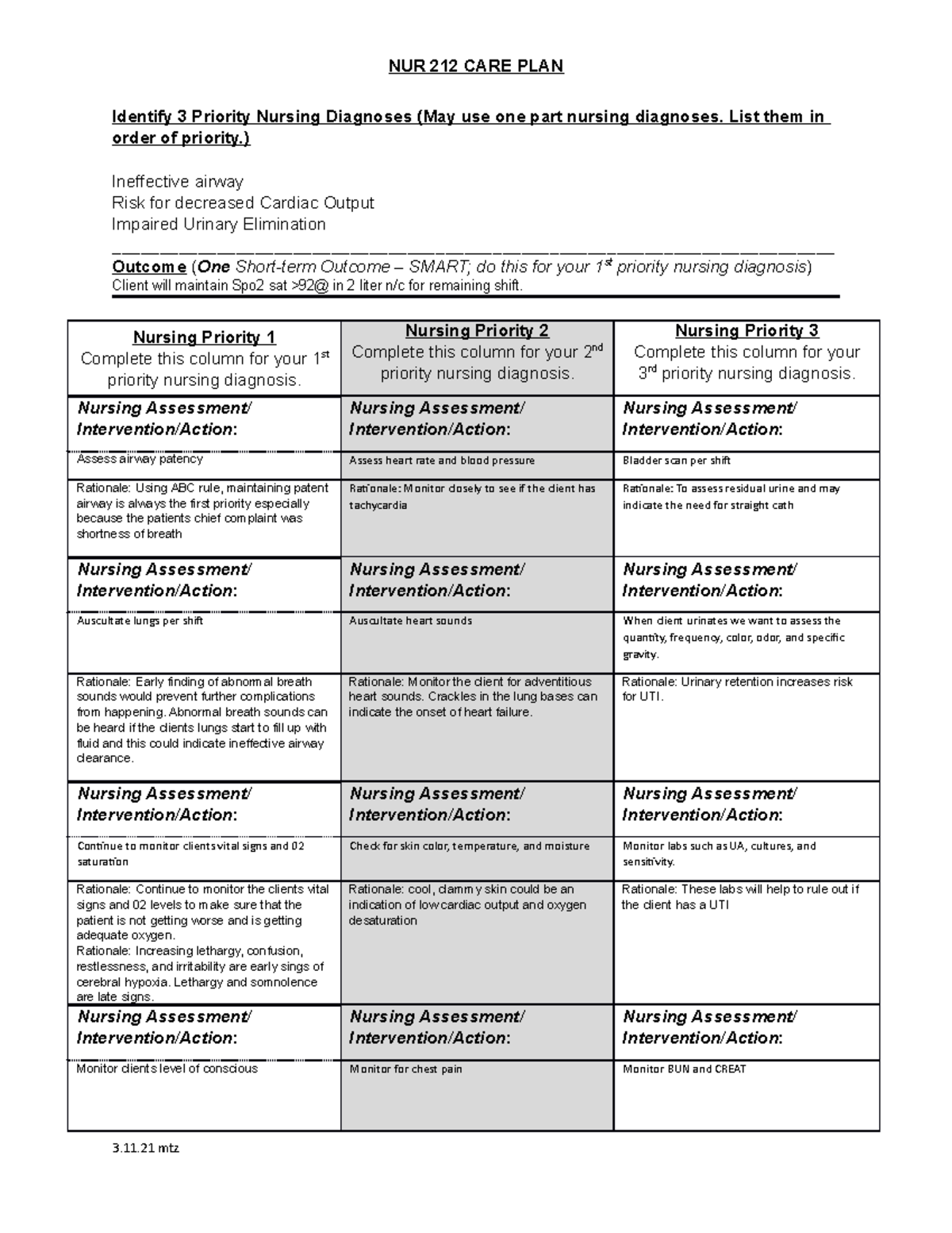 Careplan for ineffective airway - NUR 212 CARE PLAN Identify 3 Priority ...