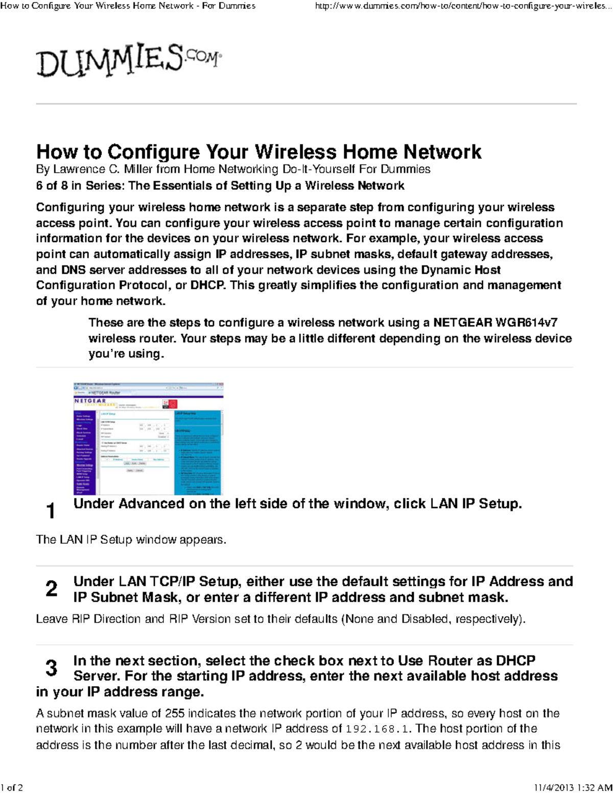 How to Configure Your Wireless Home Network For Dummies 1 2 3 How