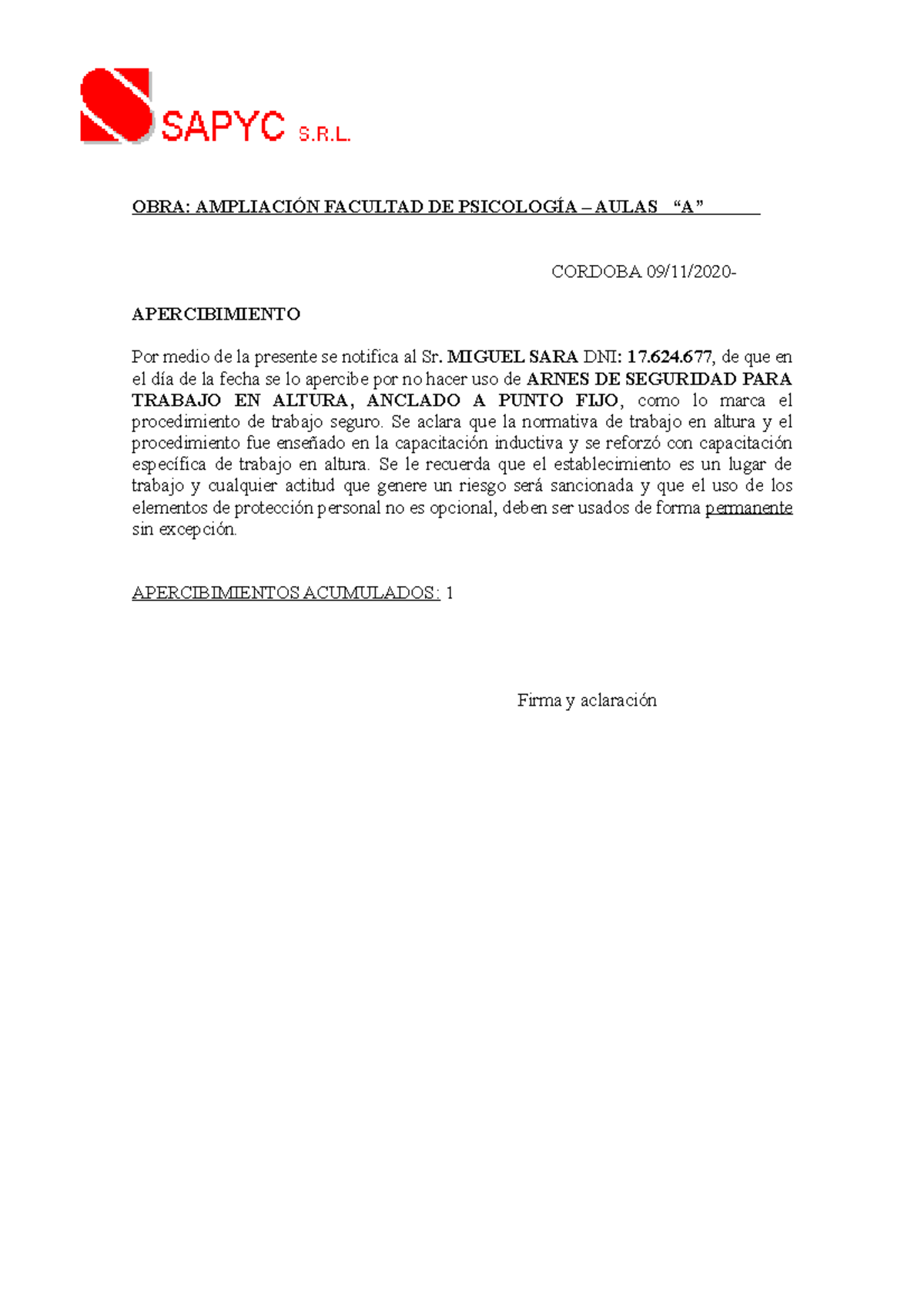 Apercibimiento ( Modelo) - OBRA: AMPLIACIÓN FACULTAD DE PSICOLOGÍA – AULAS  “A” CORDOBA 09/11/2020- - Studocu