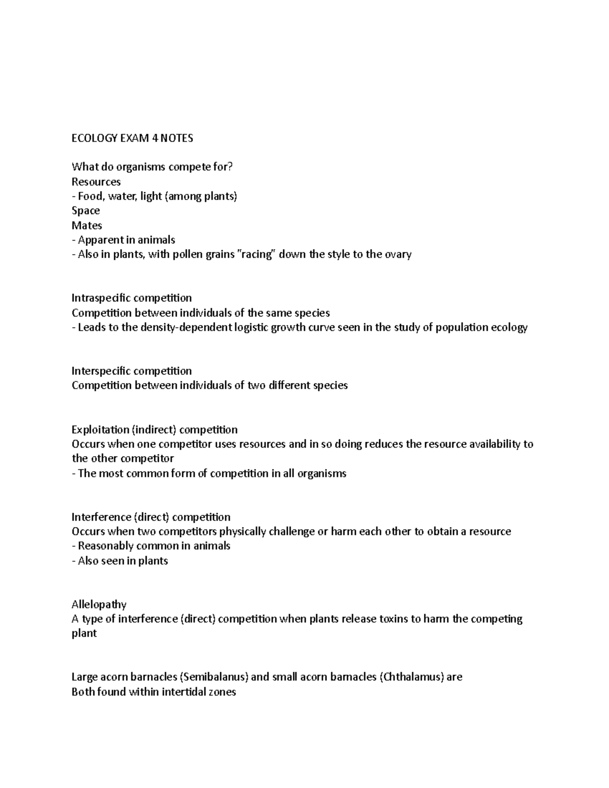 Ecology EXAM 4 Notes - ECOLOGY EXAM 4 NOTES What do organisms compete ...