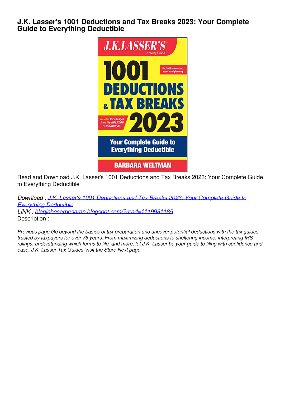 PDF KINDLE DOWNLOAD J.K. Lasser's 1001 Deductions and Tax Breaks 2023