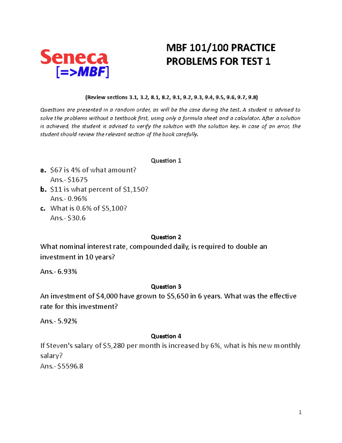 Preparation Questions For Test 1 2 - MBF 101/100 PRACTICE PROBLEMS FOR ...