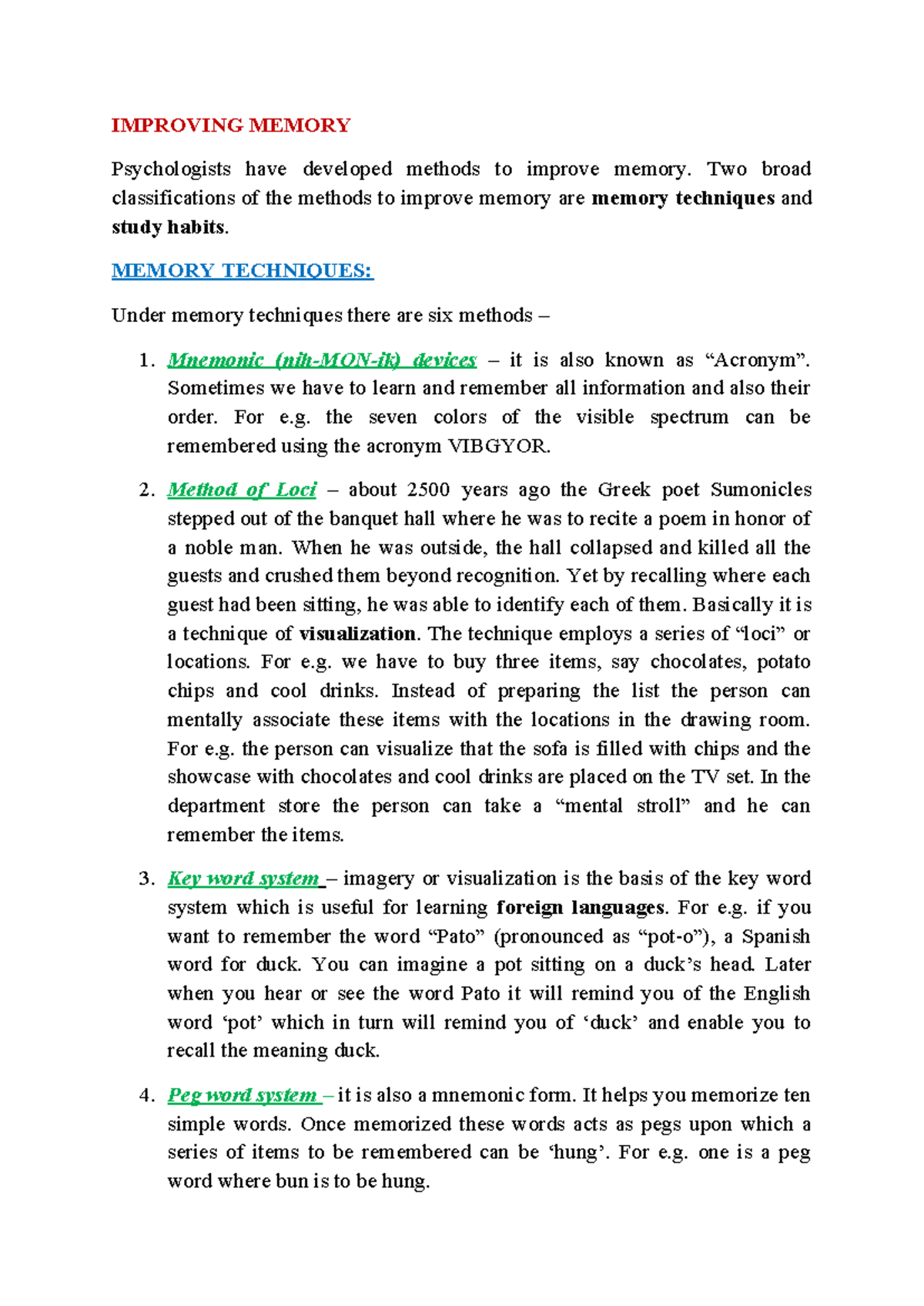 Improving Memory AND Study Habits GP I UNIT 5 - IMPROVING MEMORY ...