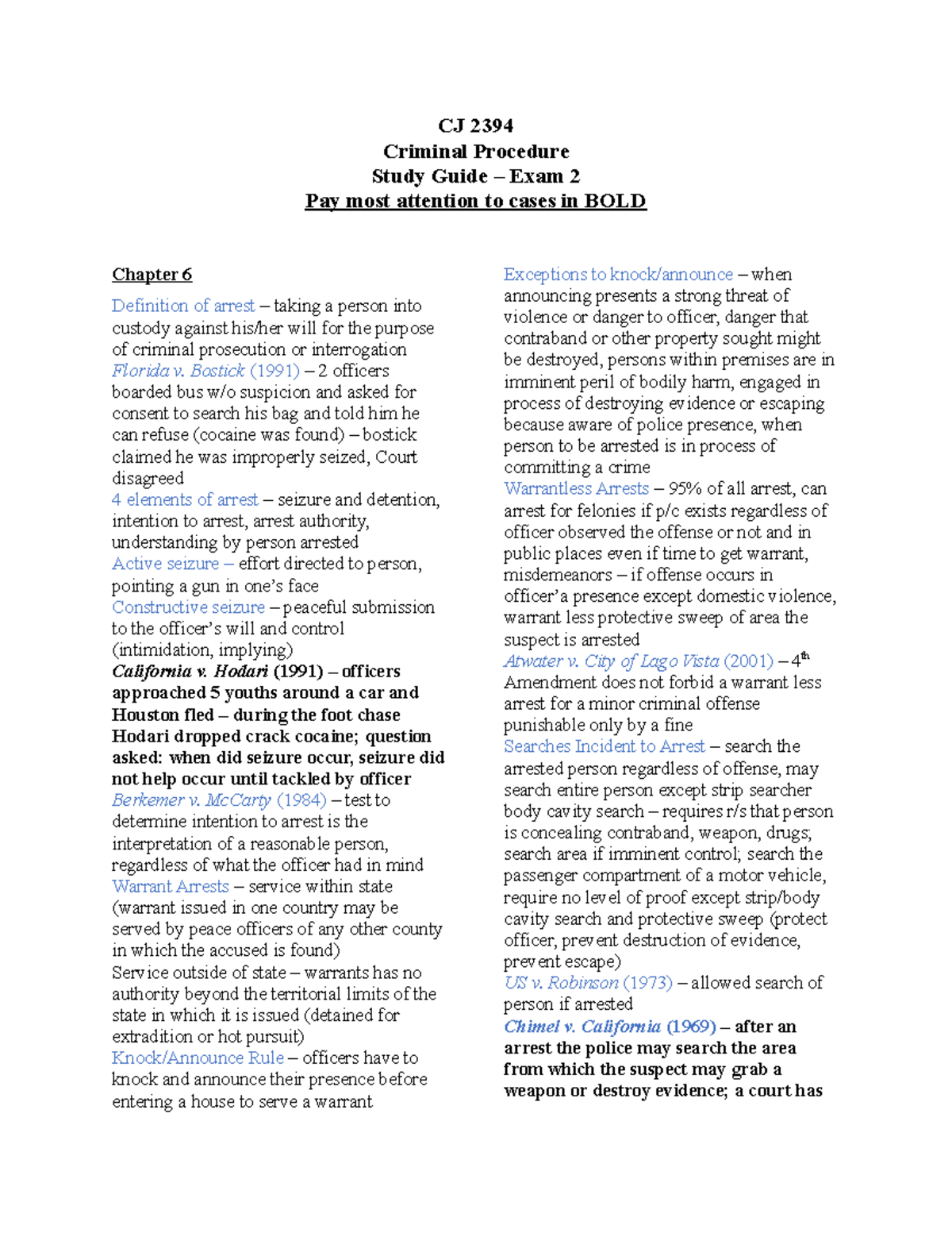 Study Guide - Exam 2 copy - CJ 2394 Criminal Procedure Study Guide ...