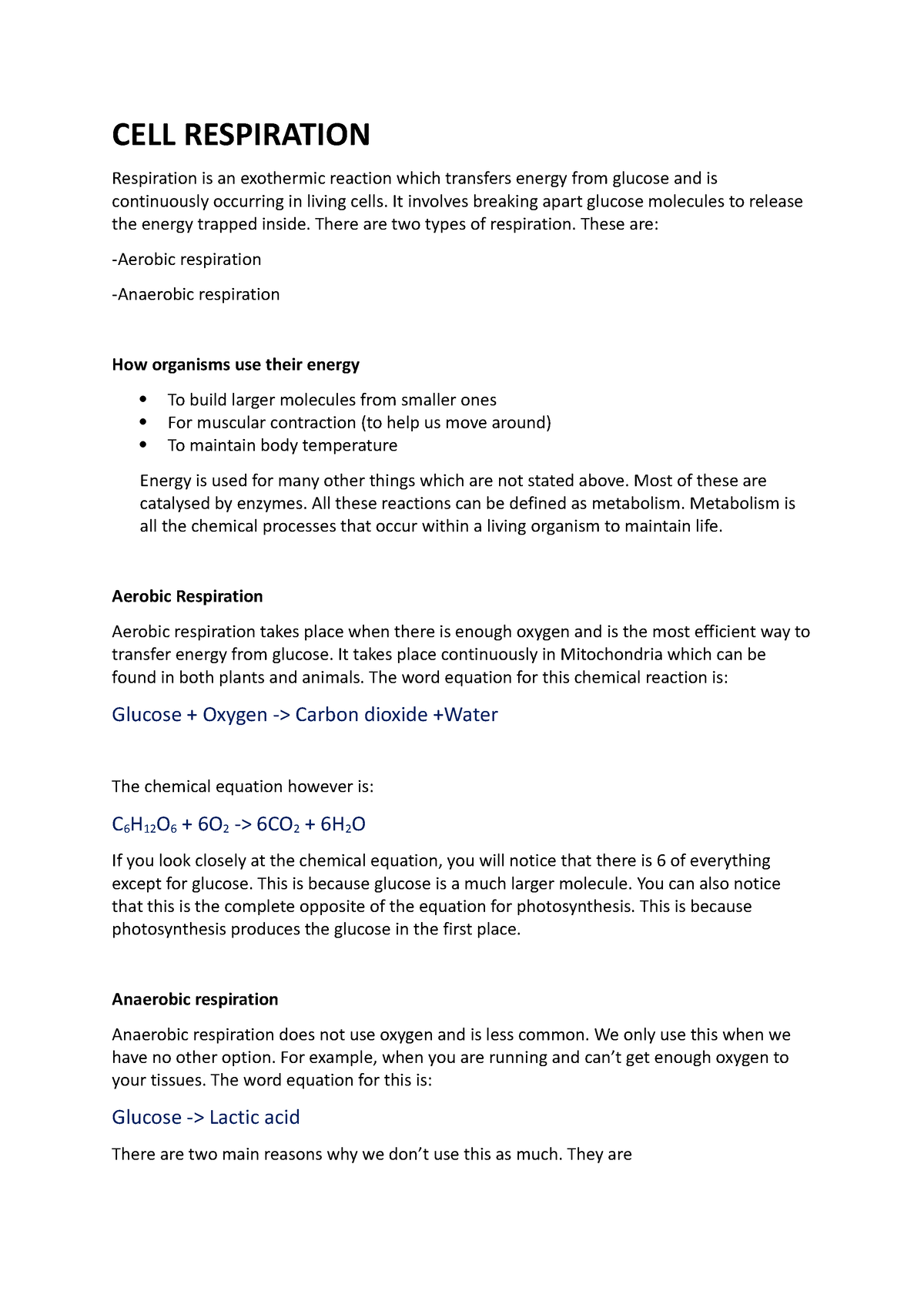 CELL Respiration - CELL RESPIRATION Respiration is an exothermic ...