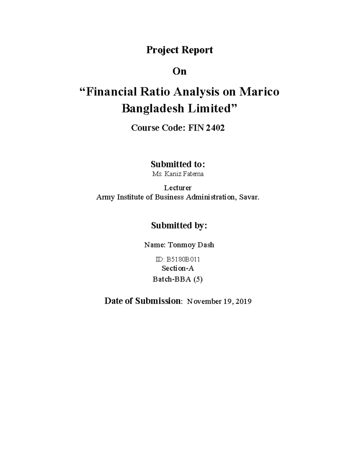 Financial Ratio Analysis on Marico Bang - Project Report On