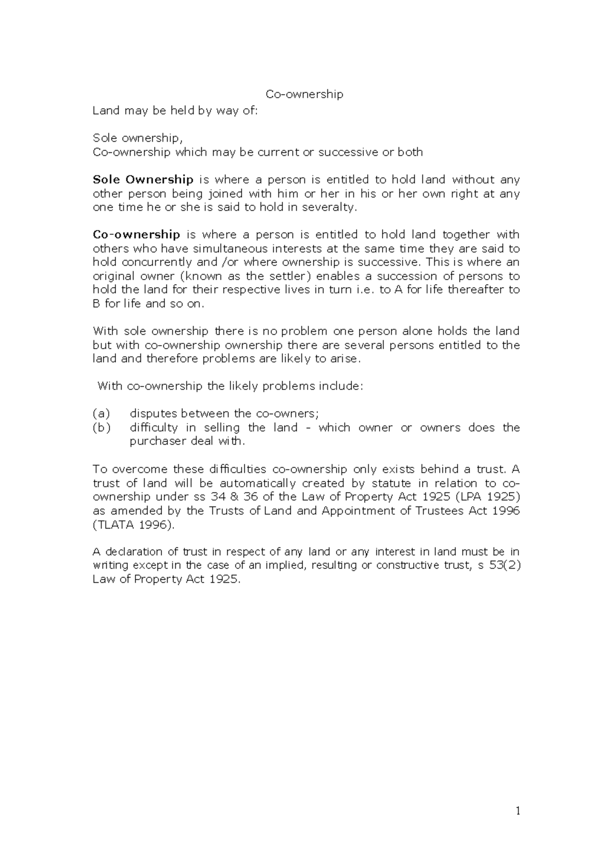 Co-ownership In Land Law - Co-ownership Land May Be Held By Way Of ...