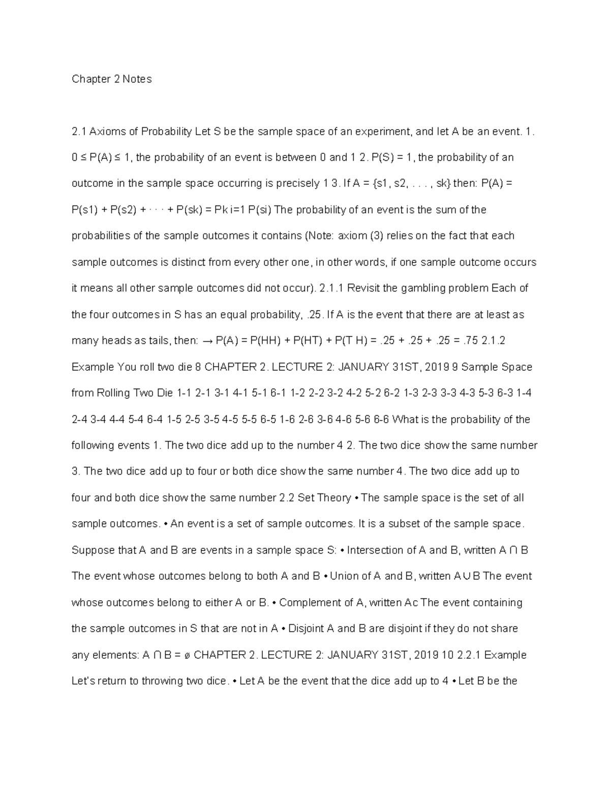 Stats ch 2 - Lecture notes 2 - Chapter 2 Notes 2 Axioms of Probability ...
