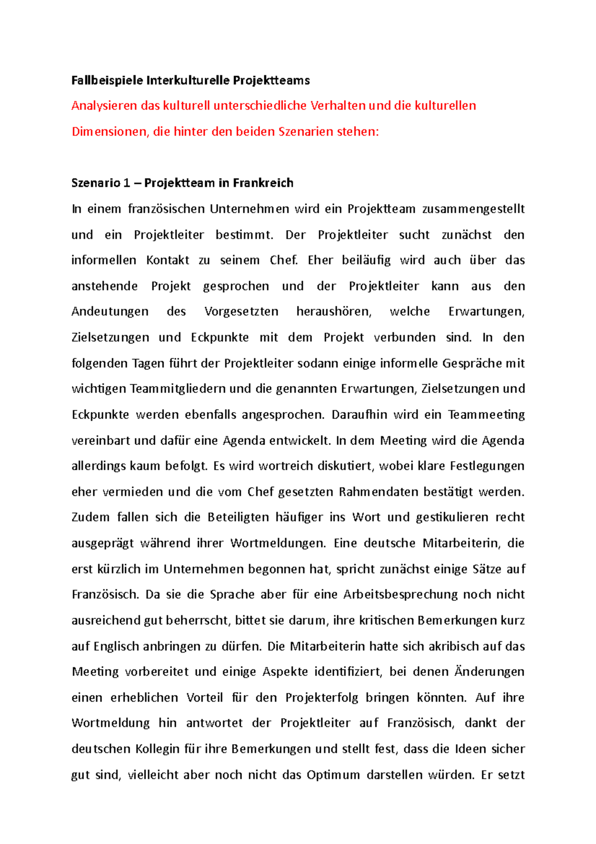 Fallbeispiele mit Lösungen - Fallbeispiele Interkulturelle Projektteams