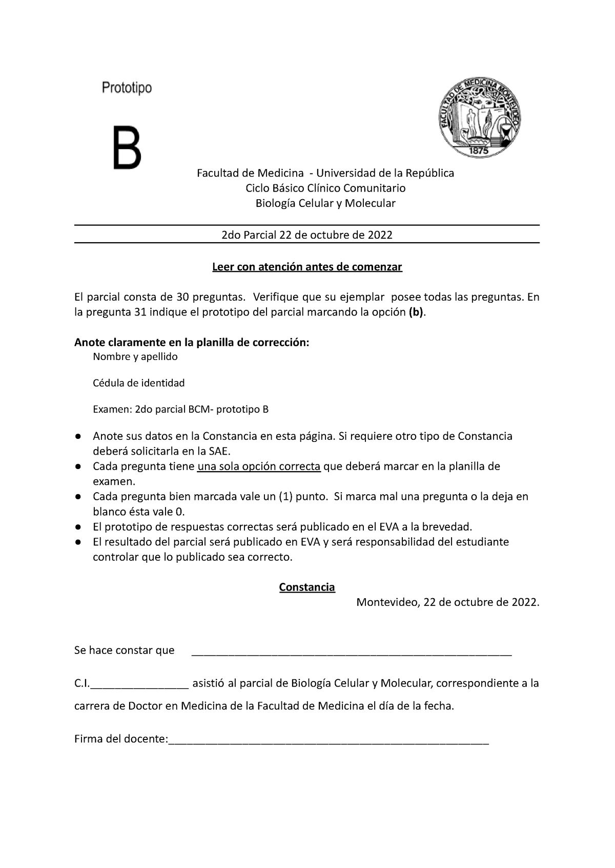 Segundo Parcial BCM Turno 1 Prototipo B Con Respuesta Marcada ...