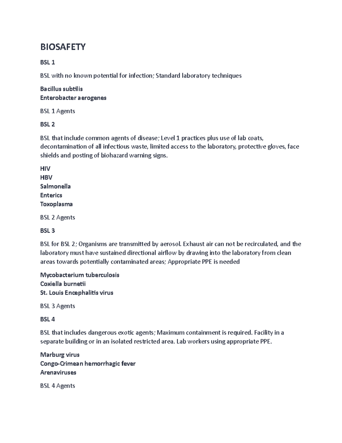 Biosafety - BIOSAFETY BSL 1 BSL with no known potential for infection ...