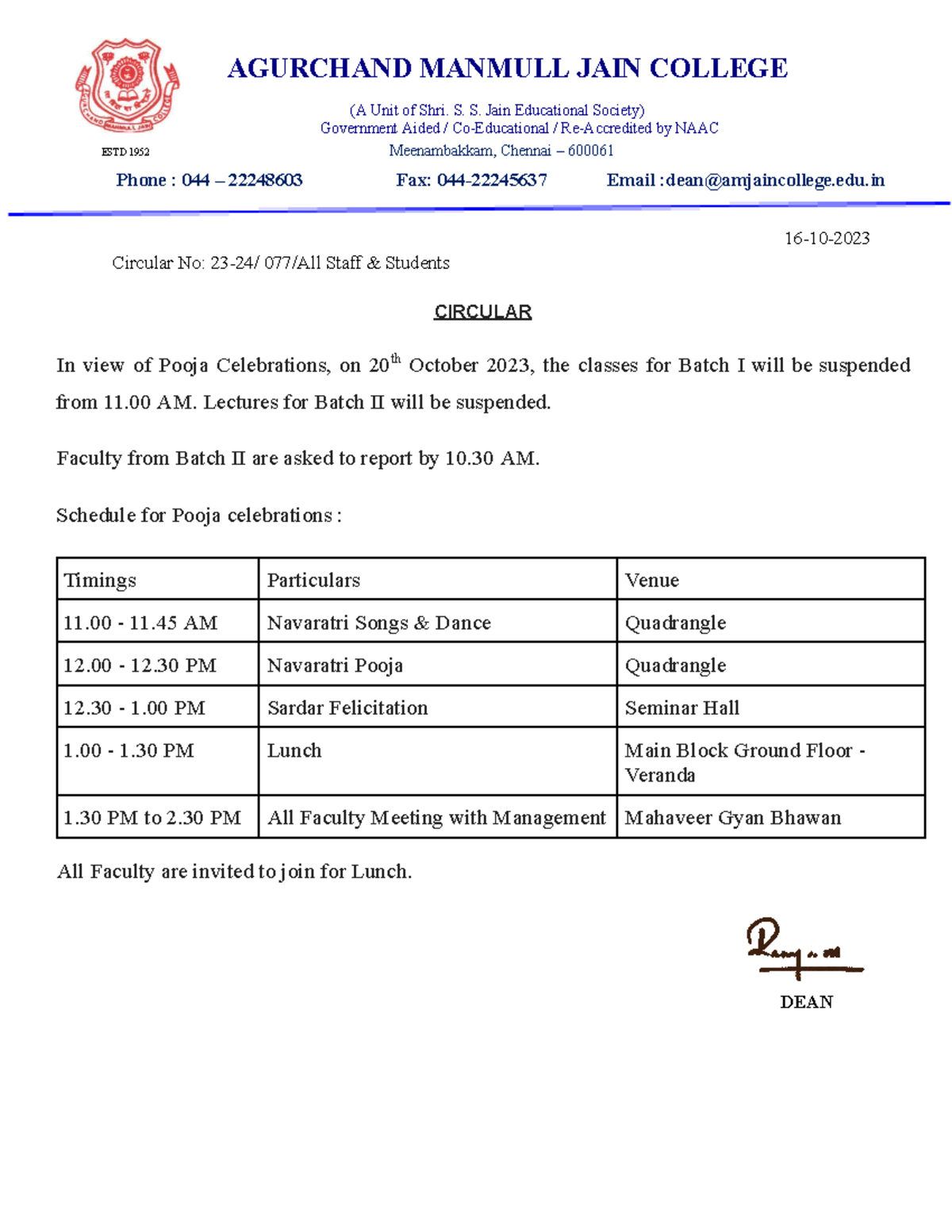 Circular No 77 All Staff & Students.docx - AGURCHAND MANMULL JAIN ...