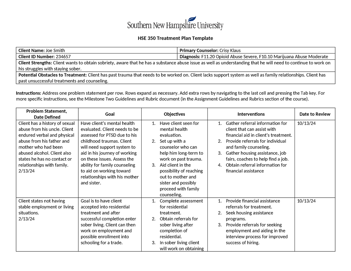 Hse350 treatment plan - HSE 350 Treatment Plan Template Client Name ...