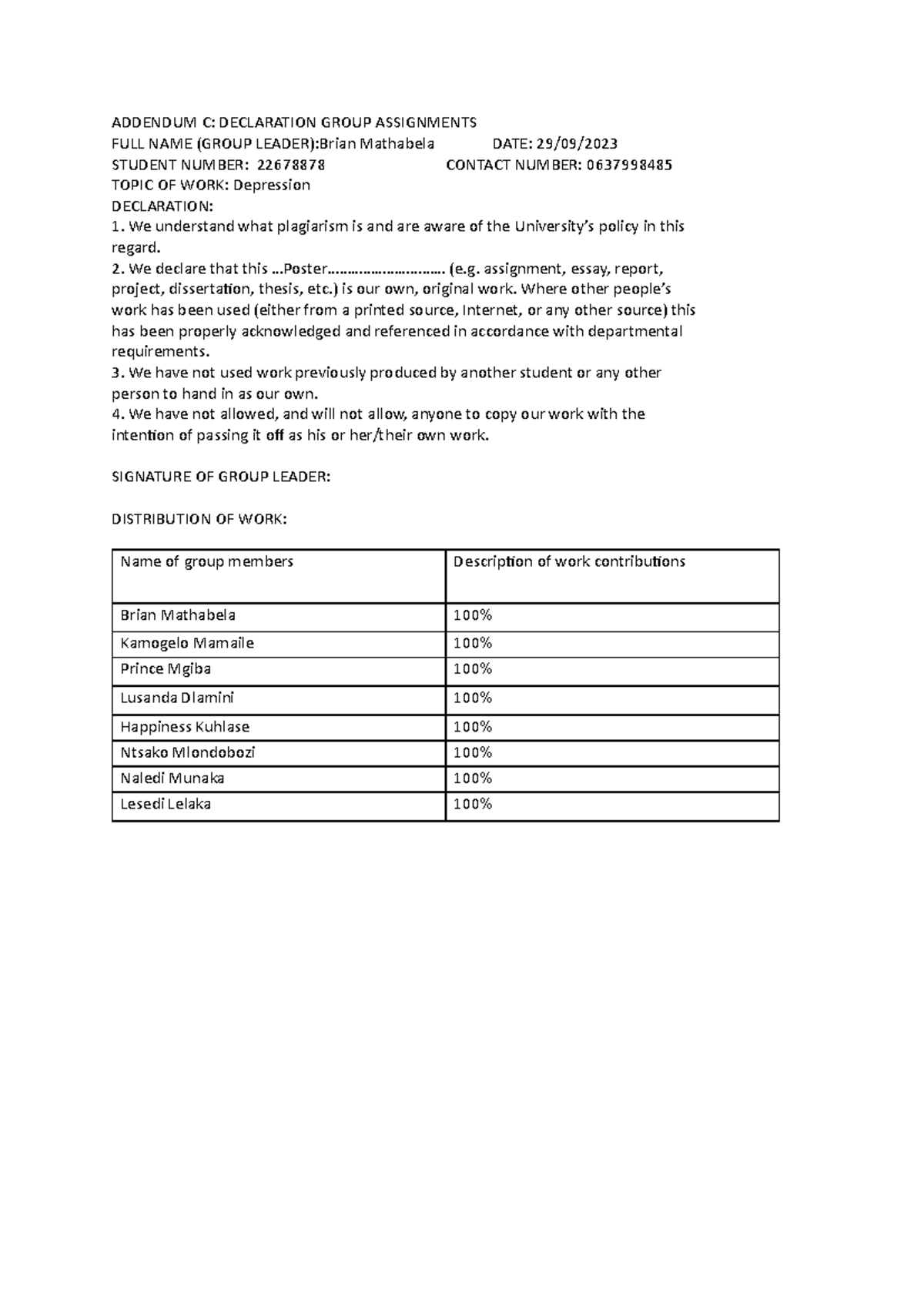 JLO 120 Depression - assignment summary - ADDENDUM C: DECLARATION GROUP ...
