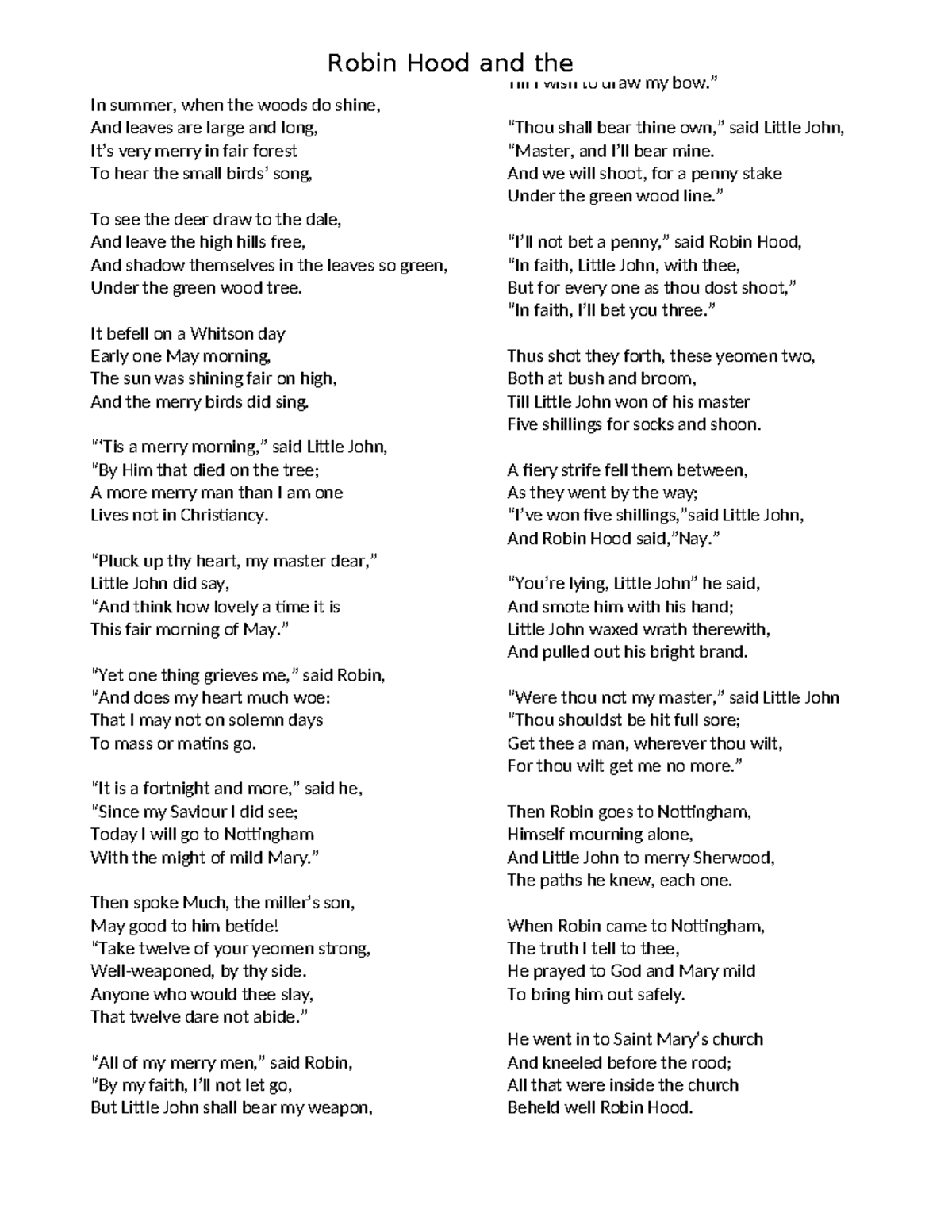 Robinhood and the Monk - It is the lyrics of a well known ballad - In ...