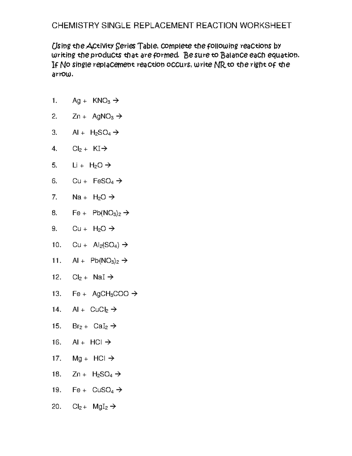 Chemical reaction - worksheet - Using the Activity Series Table ...