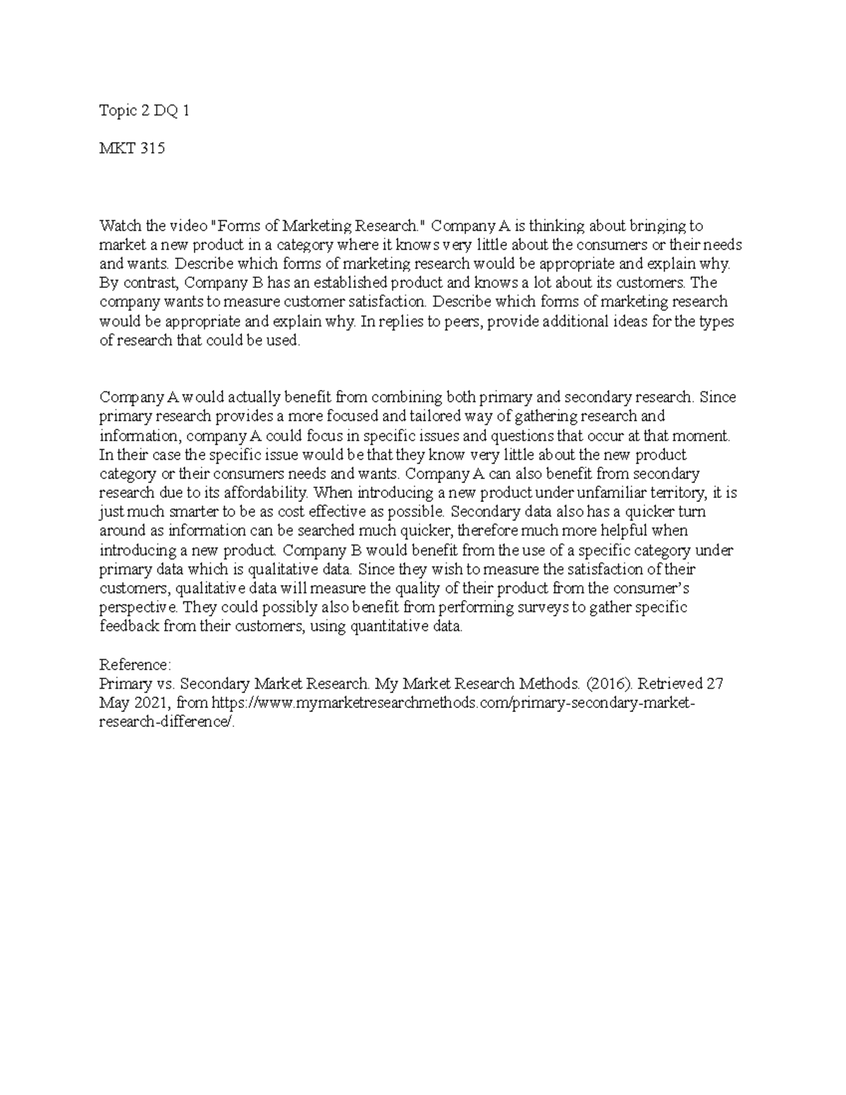 Topic 2 Discussion Question 1 MKT 315 Topic 2 DQ 1 MKT 315 Watch the