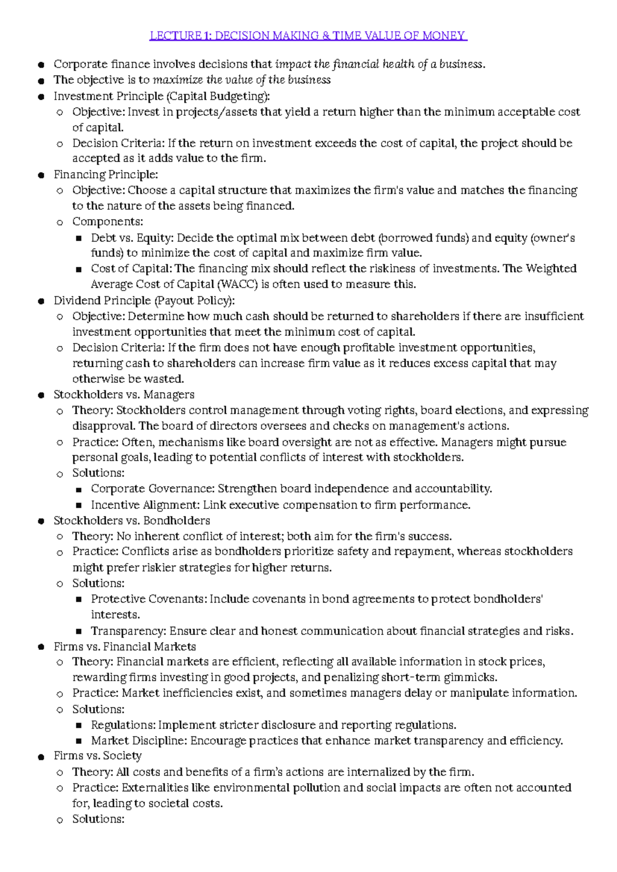 Corporate Finance Notes - LECTURE 1: DECISION MAKING & TIME VALUE OF ...