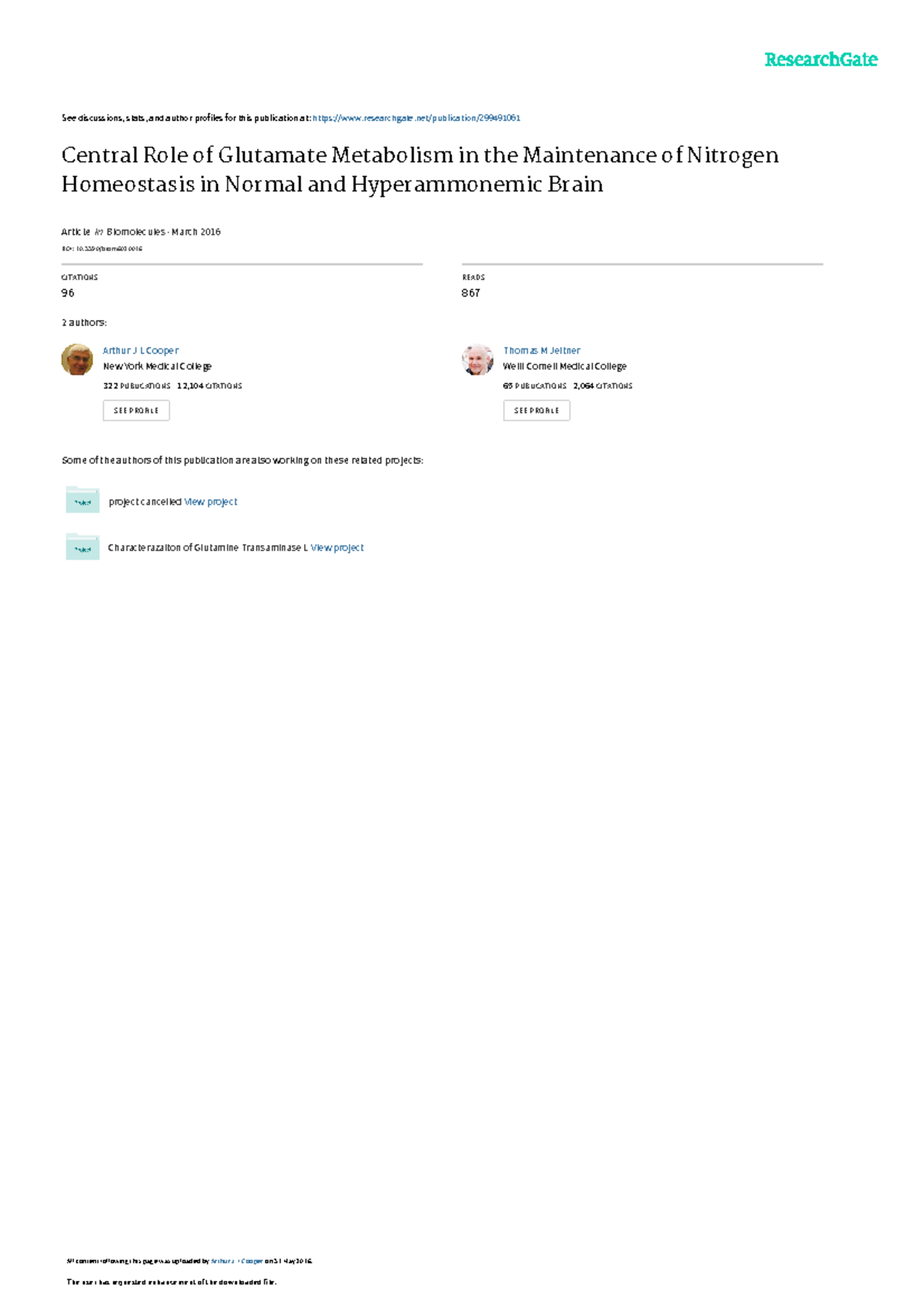 Central Role of Glutamate Metabolism in the Mainte - See discussions ...