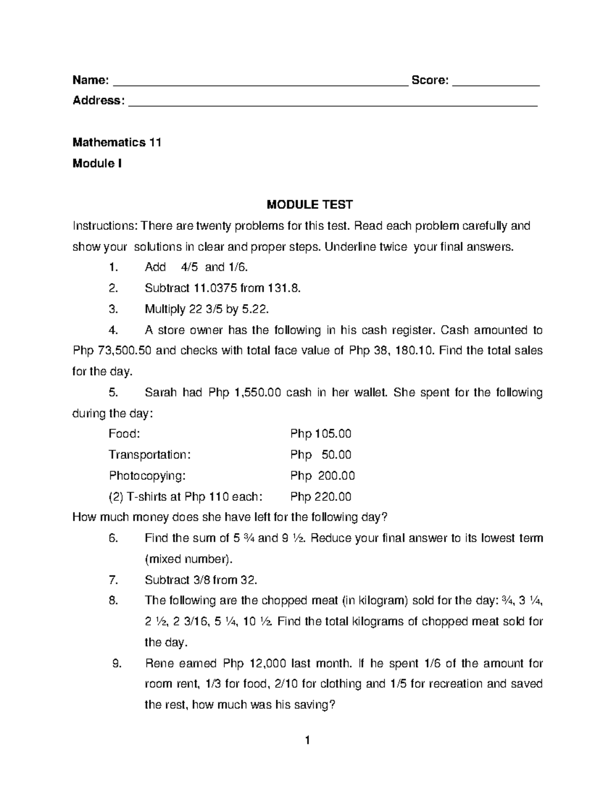 Math 11 Module I Test - notes to help - 1 Name