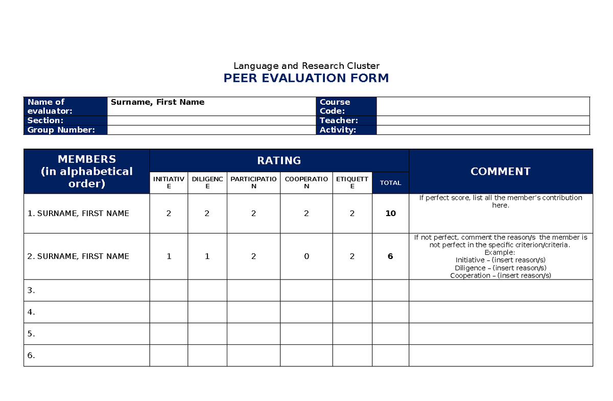 Peer Evaluation Form - FOR RESEACH - Language and Research Cluster PEER ...