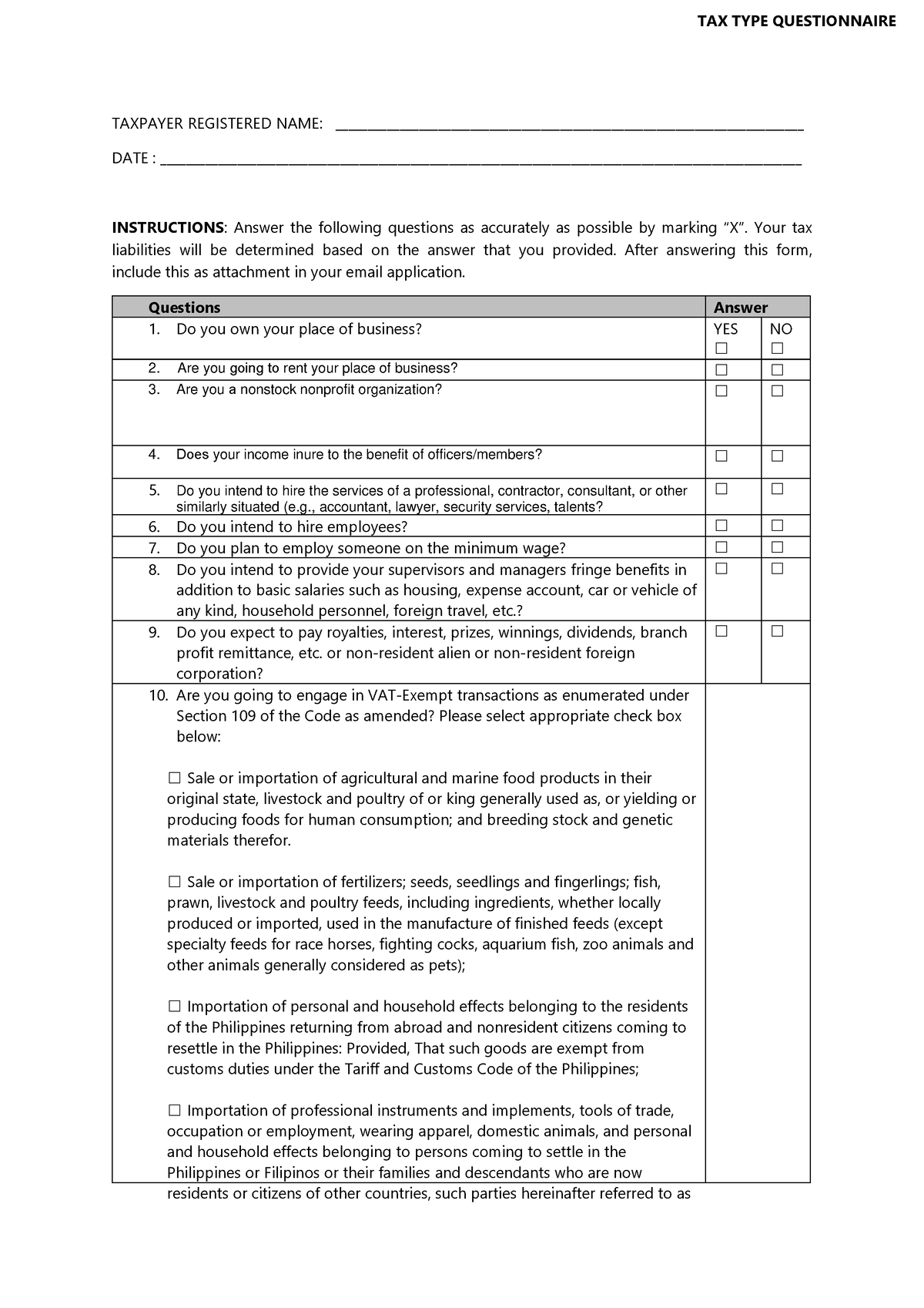 Tax types questions - ..... - TAXPAYER REGISTERED NAME: - Studocu