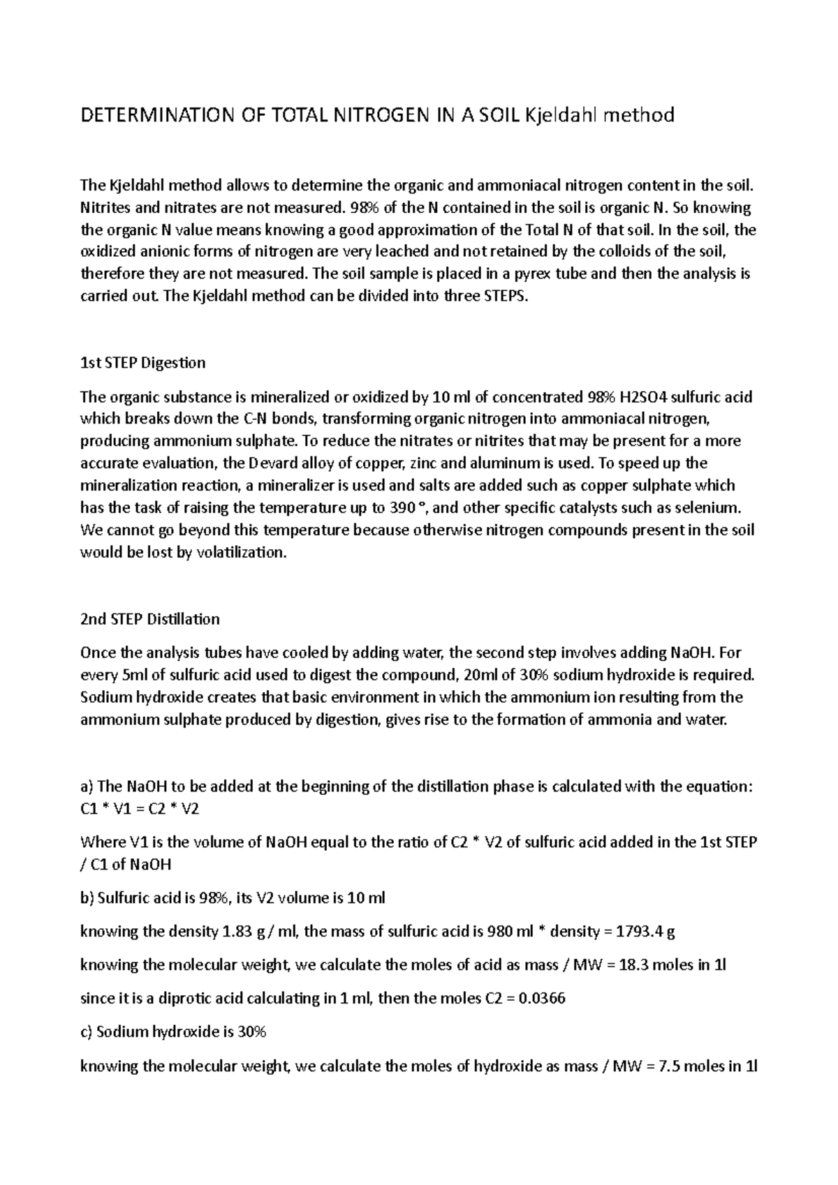 Determination OF Total Nitrogen IN A SOIL Kjeldahl method