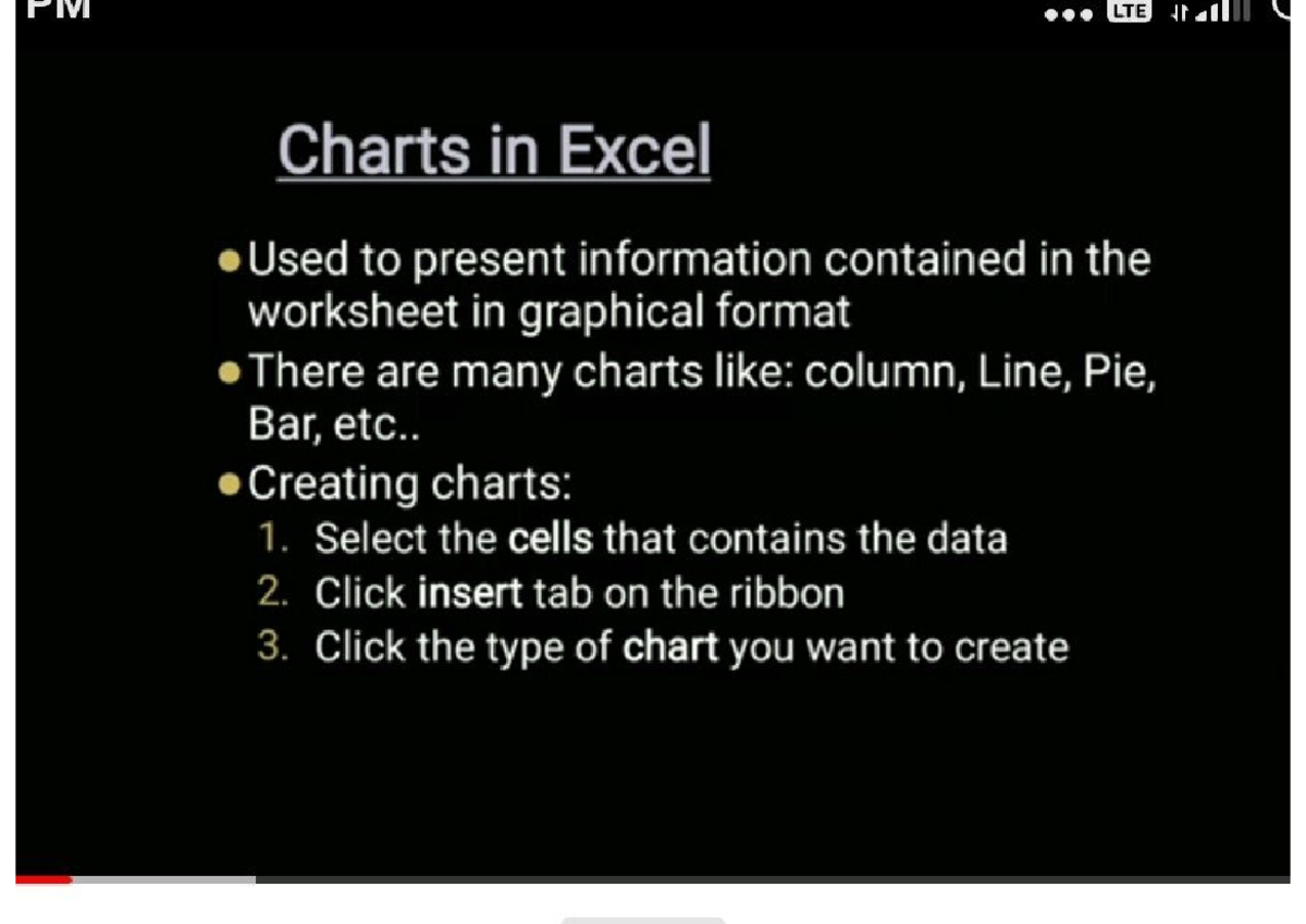 Chart in excel Preperation for Main examination PIVI LTE Charts in