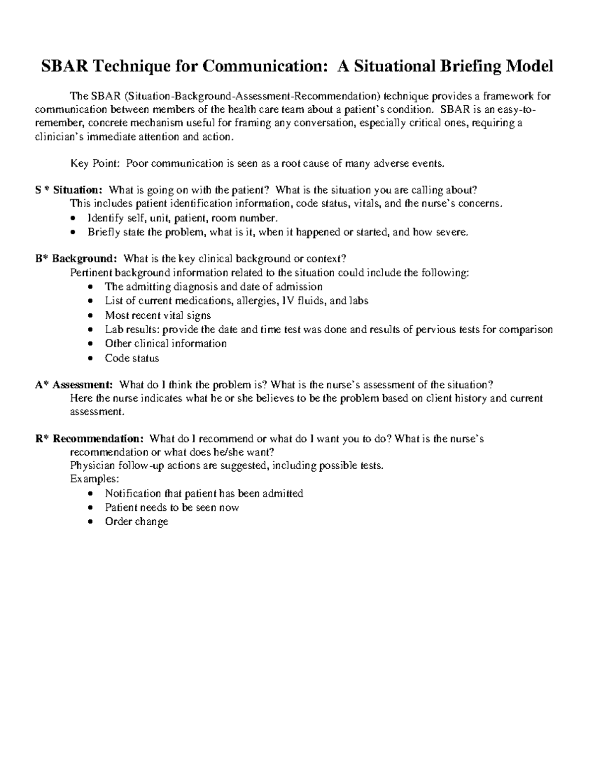 Sbarreport - Example of SBAR charting - SBAR Technique for