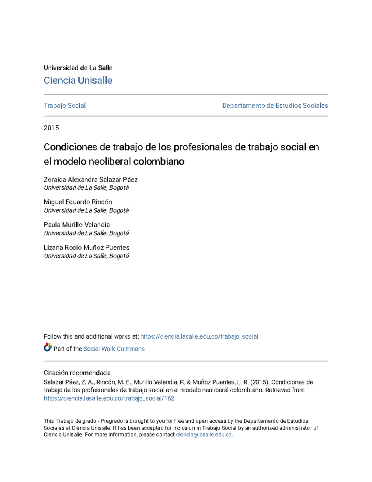 Condiciones de trabajo de los profesionales de trabajo social en