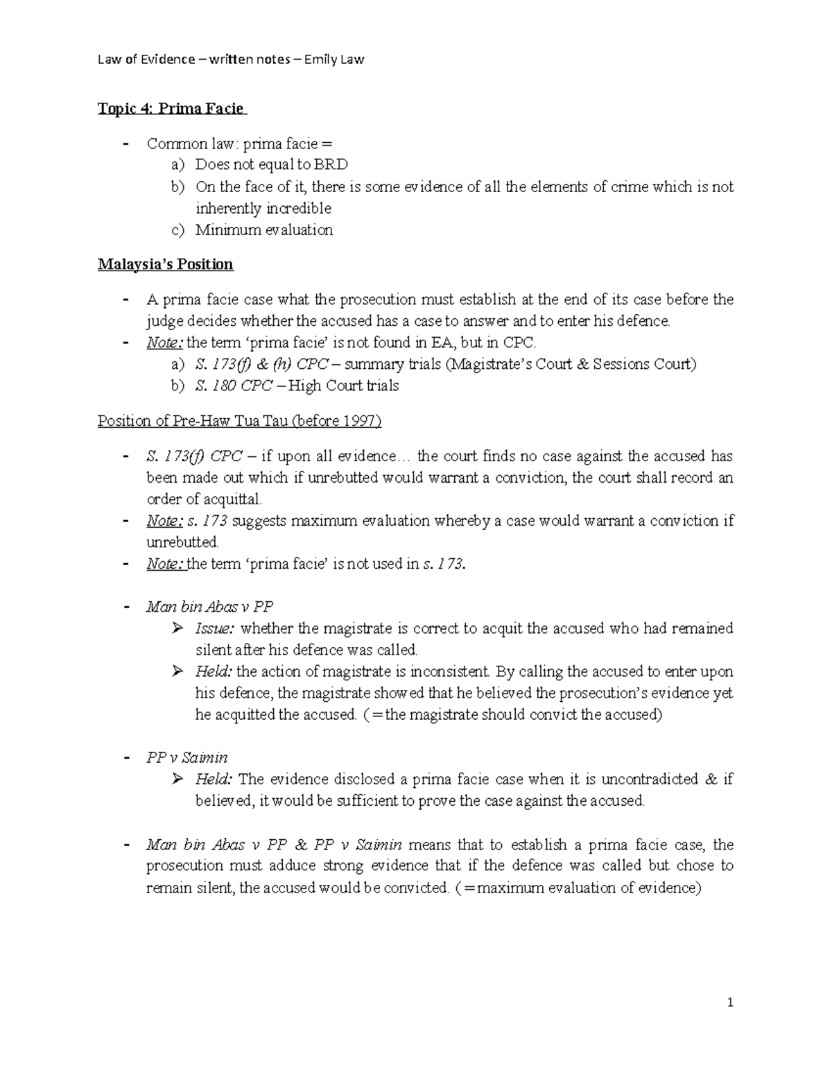 Written Notes Topic 4 prima facie Topic 4 Prima Facie Common law