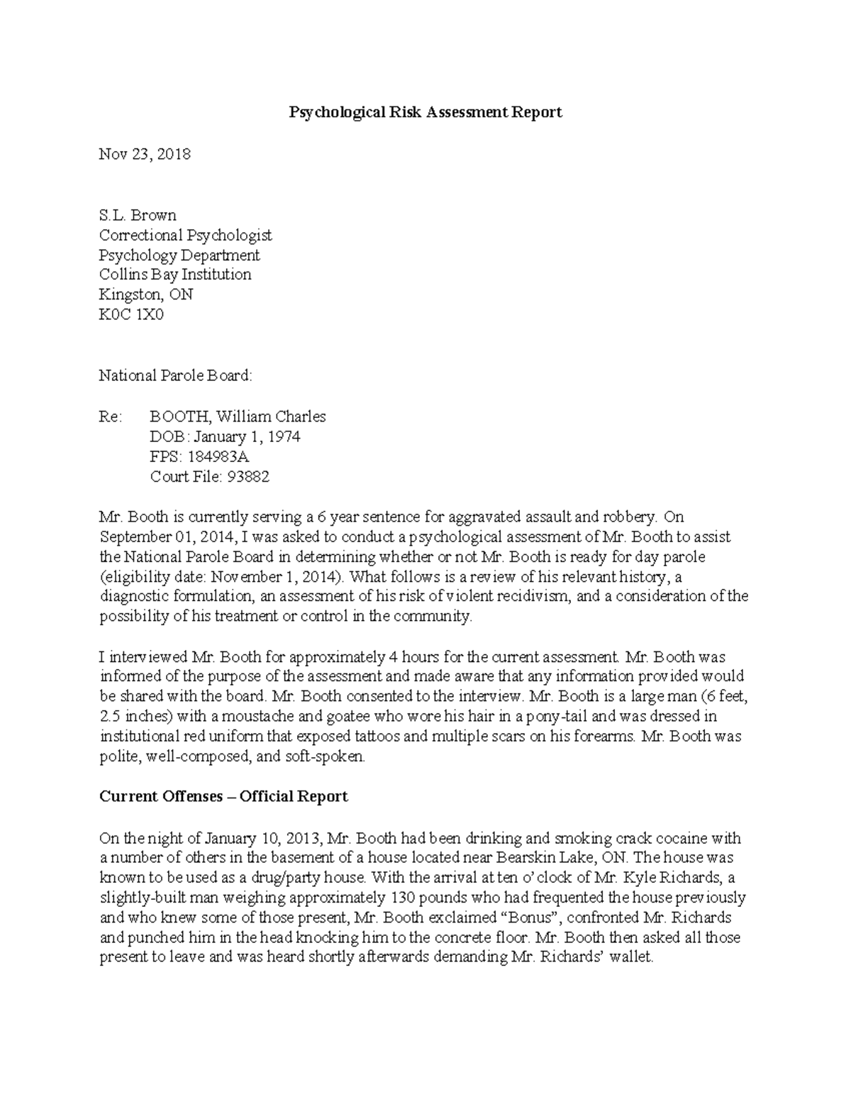Mr. Booth Risk Assessment - Psychological Risk Assessment Report Nov 23 ...