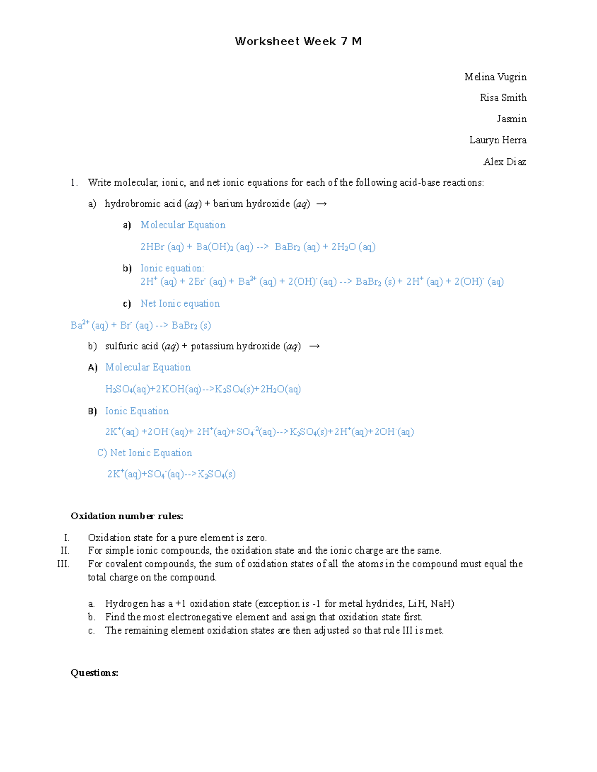 Worksheet 4.3-4.4 - Write molecular, ionic, and net ionic equations for ...