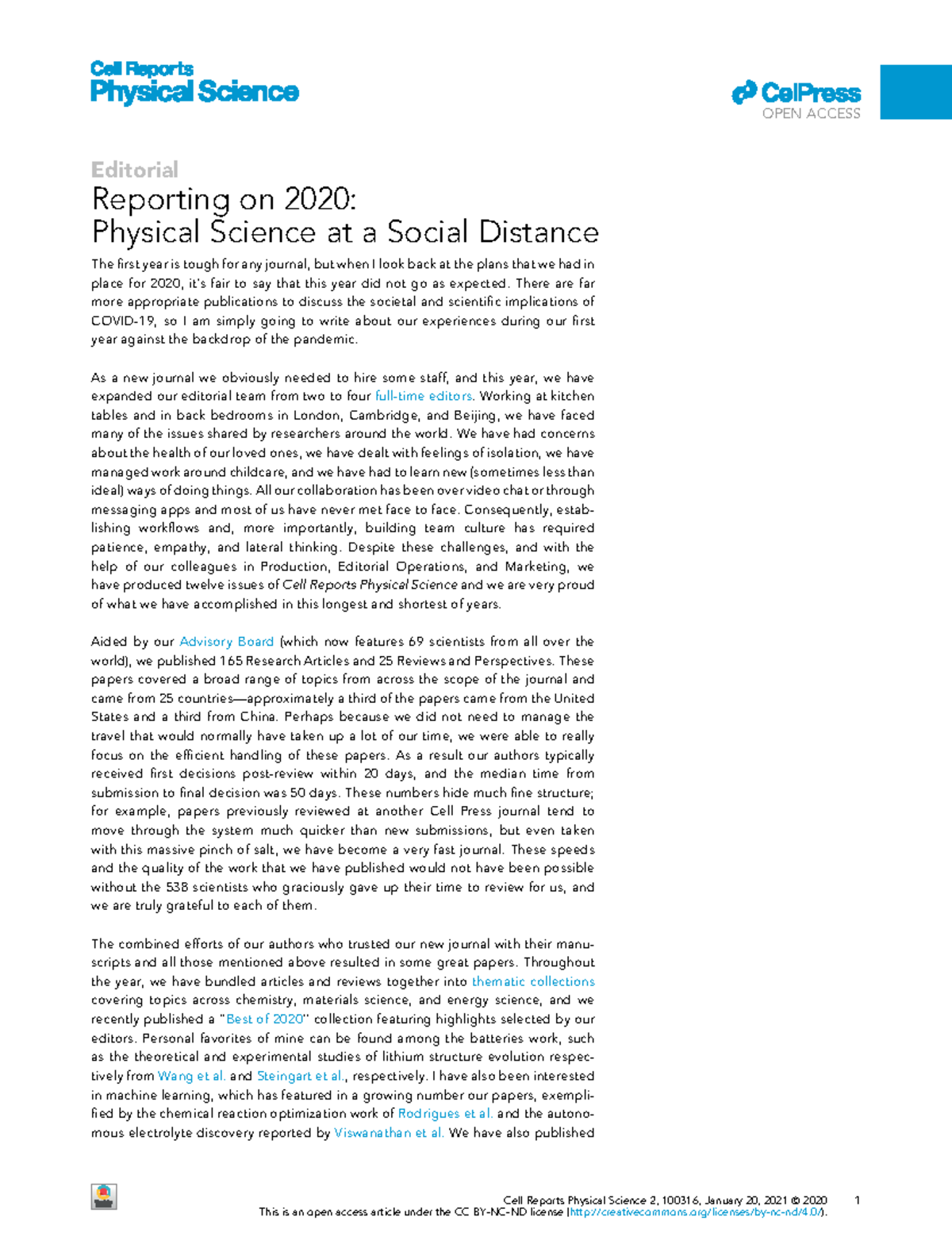 Reporting on 2020 Physical Science at a Social Distance - Editorial ...