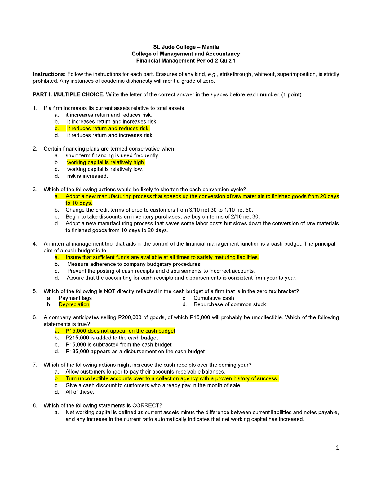 Finman P2 Quiz 1 Answer Key - St. Jude College – Manila College of ...