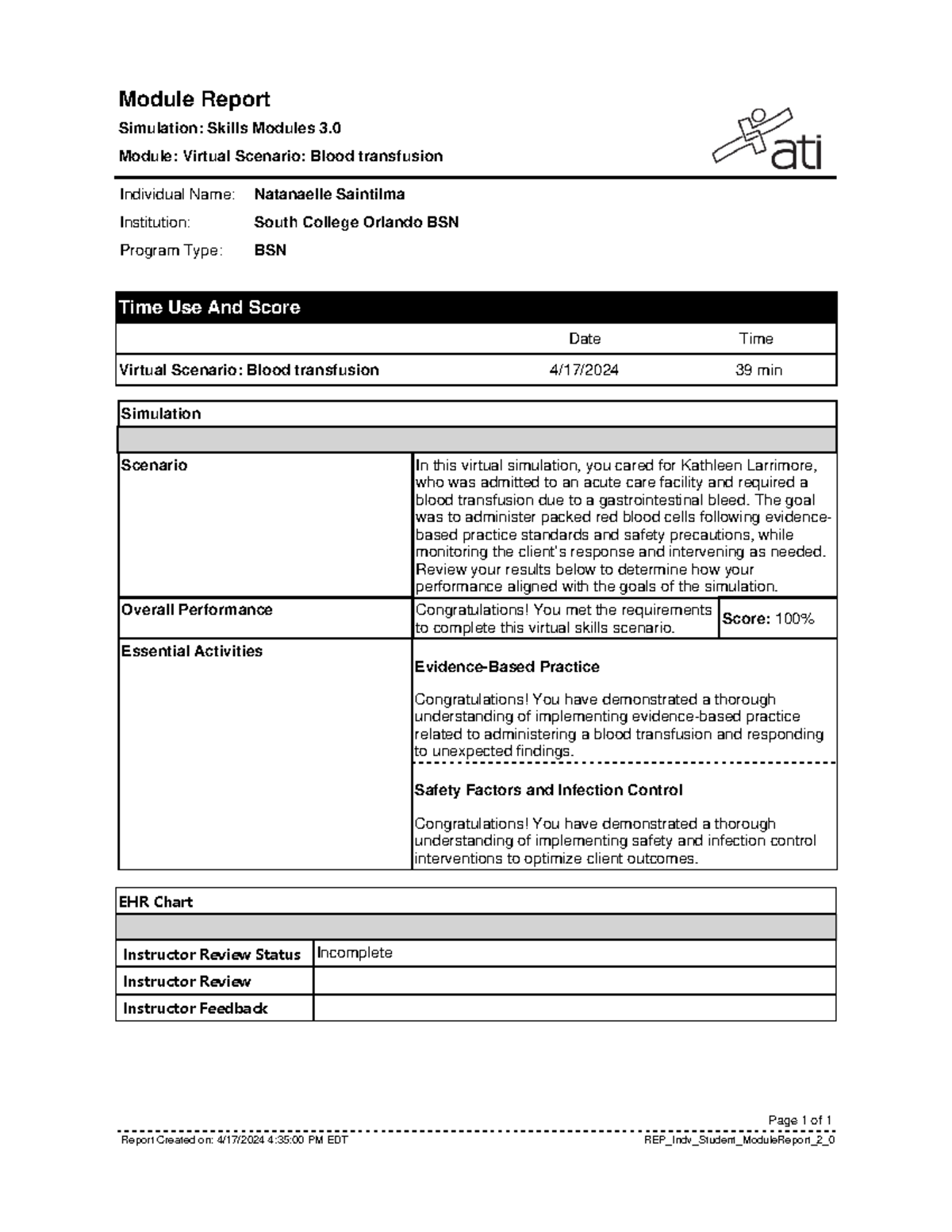 Virtual Scenario Blood Transfusion-kognito - Module Report Simulation 