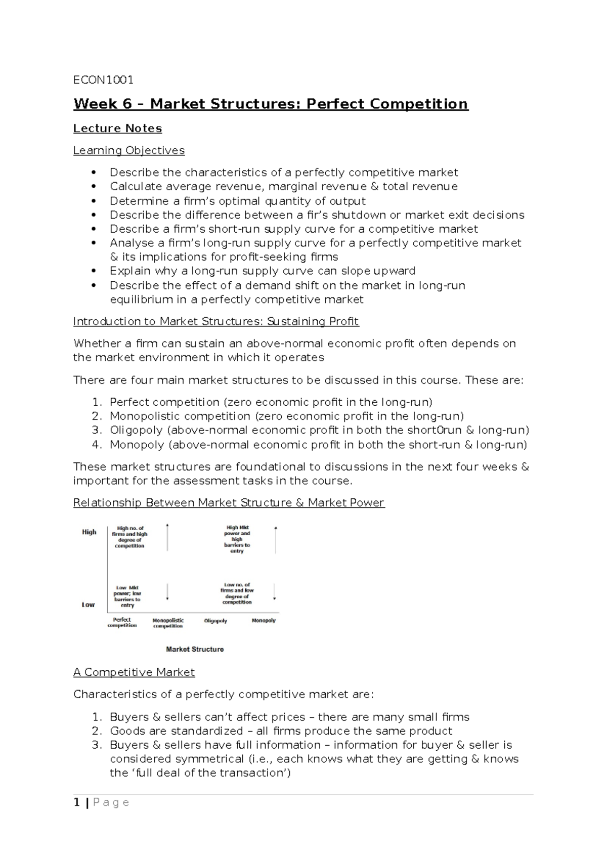 ECON1001 Notes (Week 6-9) - ECON Week 6 – Market Structures: Perfect ...