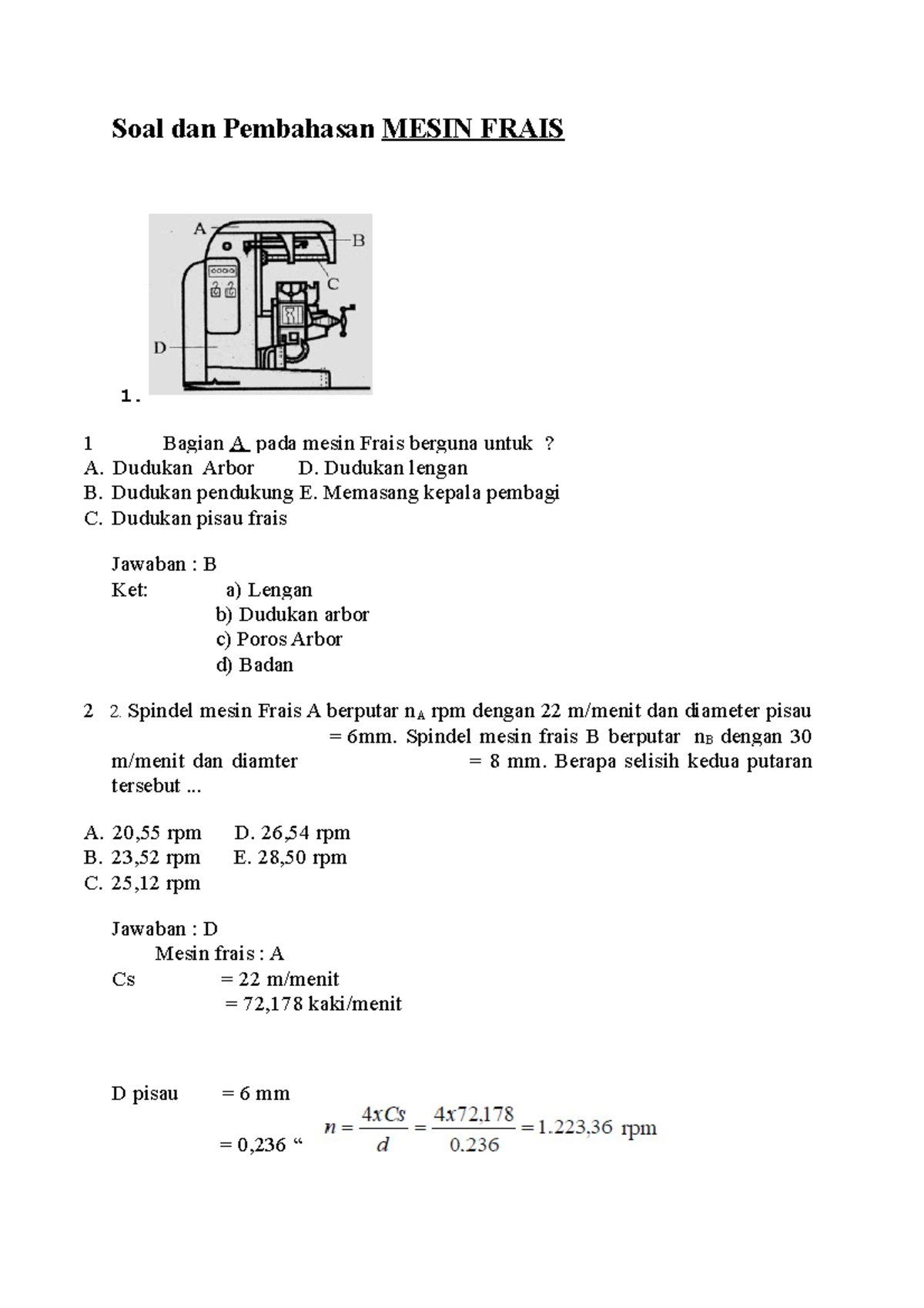 Soal Dan Pembahasan Teknik Frais - Soal Dan Pembahasan MESIN FRAIS 1. 1 ...