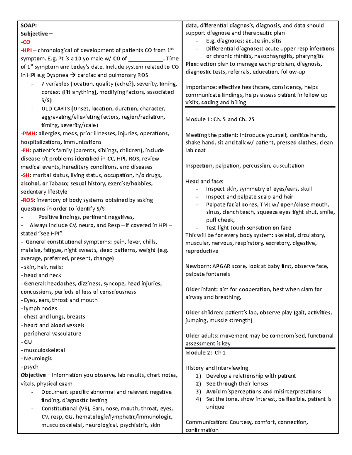 Ch 1, 2, 3, 5, and 25 personal notes - SOAP: Subjective – CO HPI ...