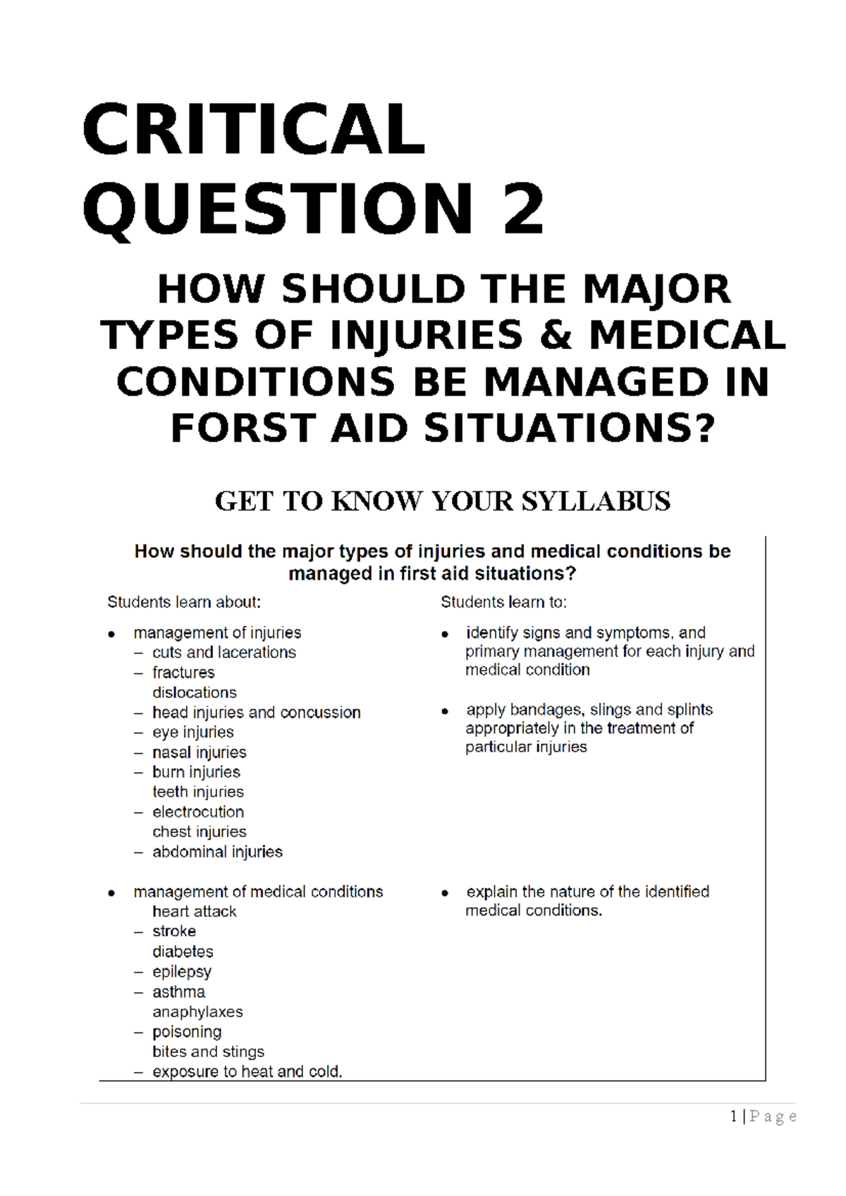 Management of Injuries Table 2022 - CRITICAL QUESTION 2 HOW SHOULD THE ...